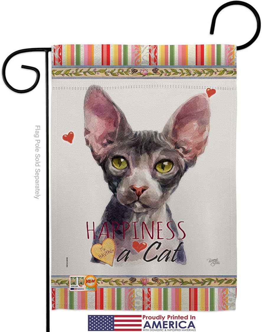 Sphynx Happiness Garden Flag Set Wall Holder Animals Cat Kitten Meow Spoiled Paw Fur Pet Nature Farm Animal Creature Small Decorative Gift Yard House Banner Made In USA 13 X 18.5