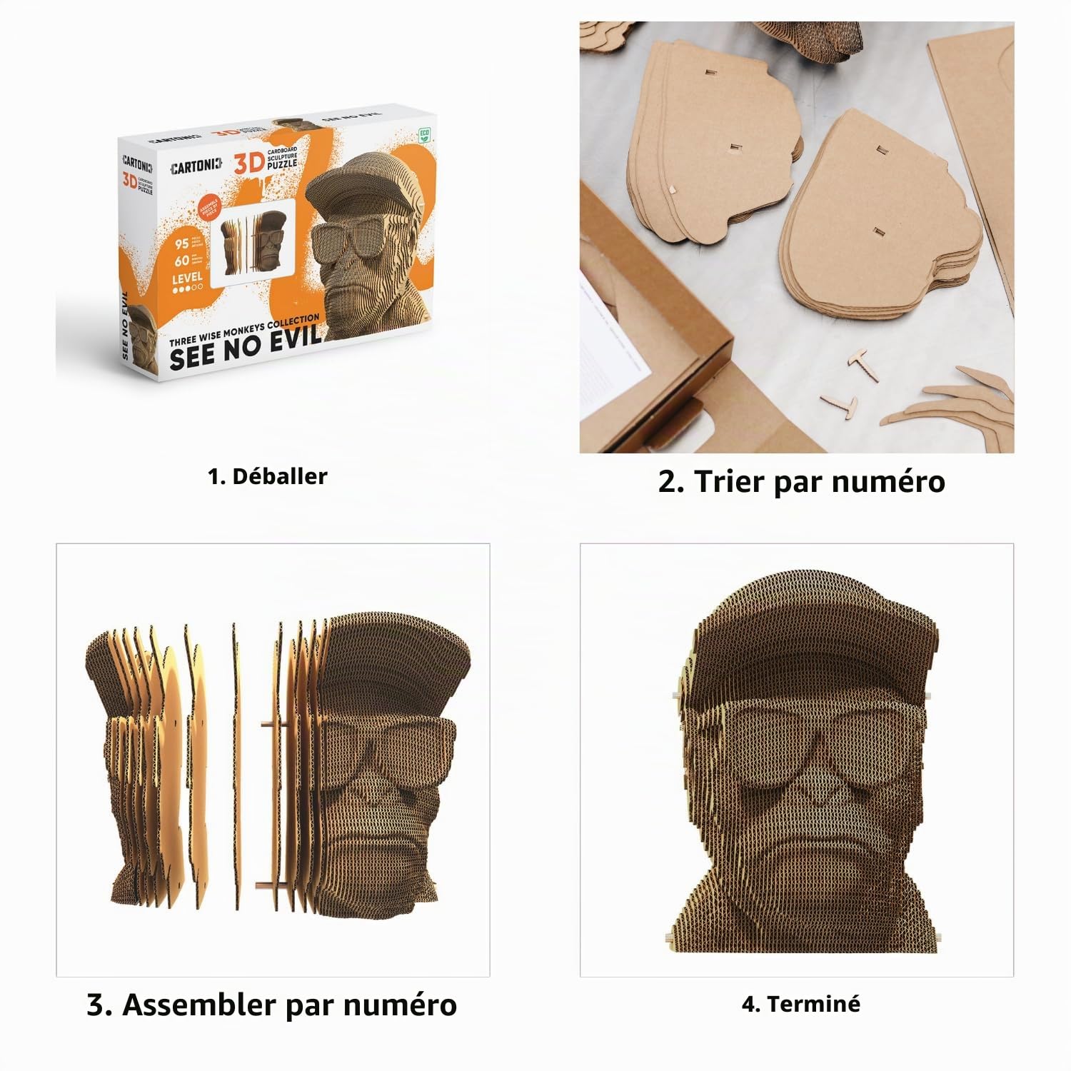 Singe Ne Rien Voir Puzzle 3D en Carton – Maquette à Monter | 95 Pièces, 16 × 15 × 12 cm – Kit Sculpture DIY à Peindre, Matériaux Recyclés, Ados & Adultes, Idée Cadeau Déco