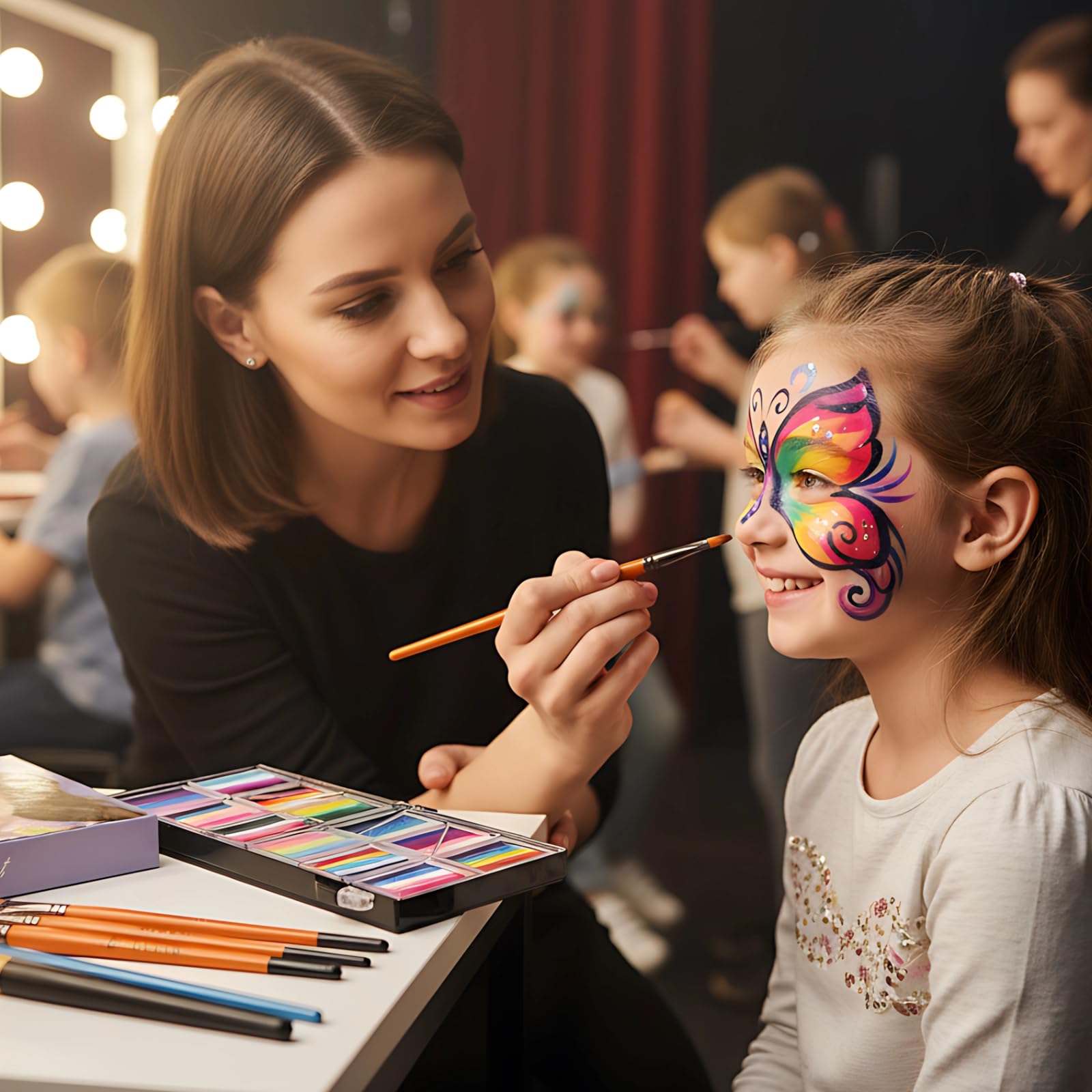12-kolorowa paleta farb do twarzy, 6 pędzli, tęczowe odcienie, zestaw na bazie wody dla dzieci, na Halloween, imprezę, cosplay