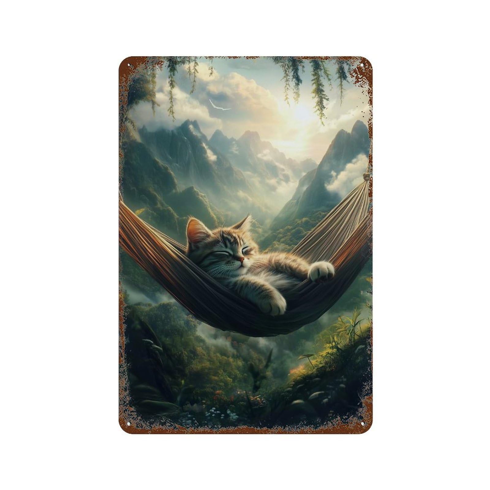 Garage Style Cat Napping in Hammock Rusty Metal Tin Sign 11.8"x7.9", Classic Wall Plaque for Bar And Workshop