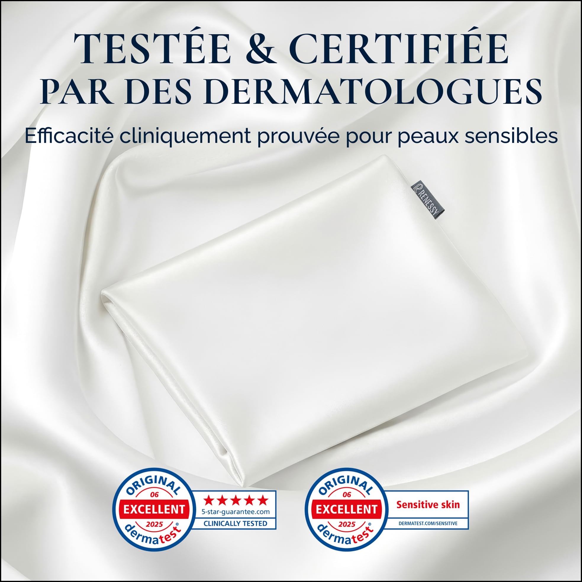 Taie d'oreiller en Soie de Mûrier 100% Bio, 22 Momme, 6A (50x70cm) | Dermatest 5 étoiles, testé dermatologiquement · GOTS & OEKO-TEX MADE IN GREEN certifié · peaux sensibles