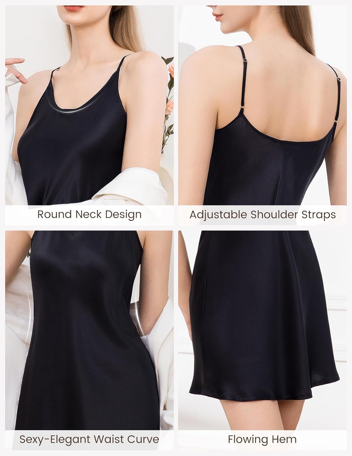 THXSILK 6A+ 100% Mulberry Silk Nightgown for Women, 22 Momme Sexy Silk Slip Dress, Round Neck Short Sleepwear - Image 5