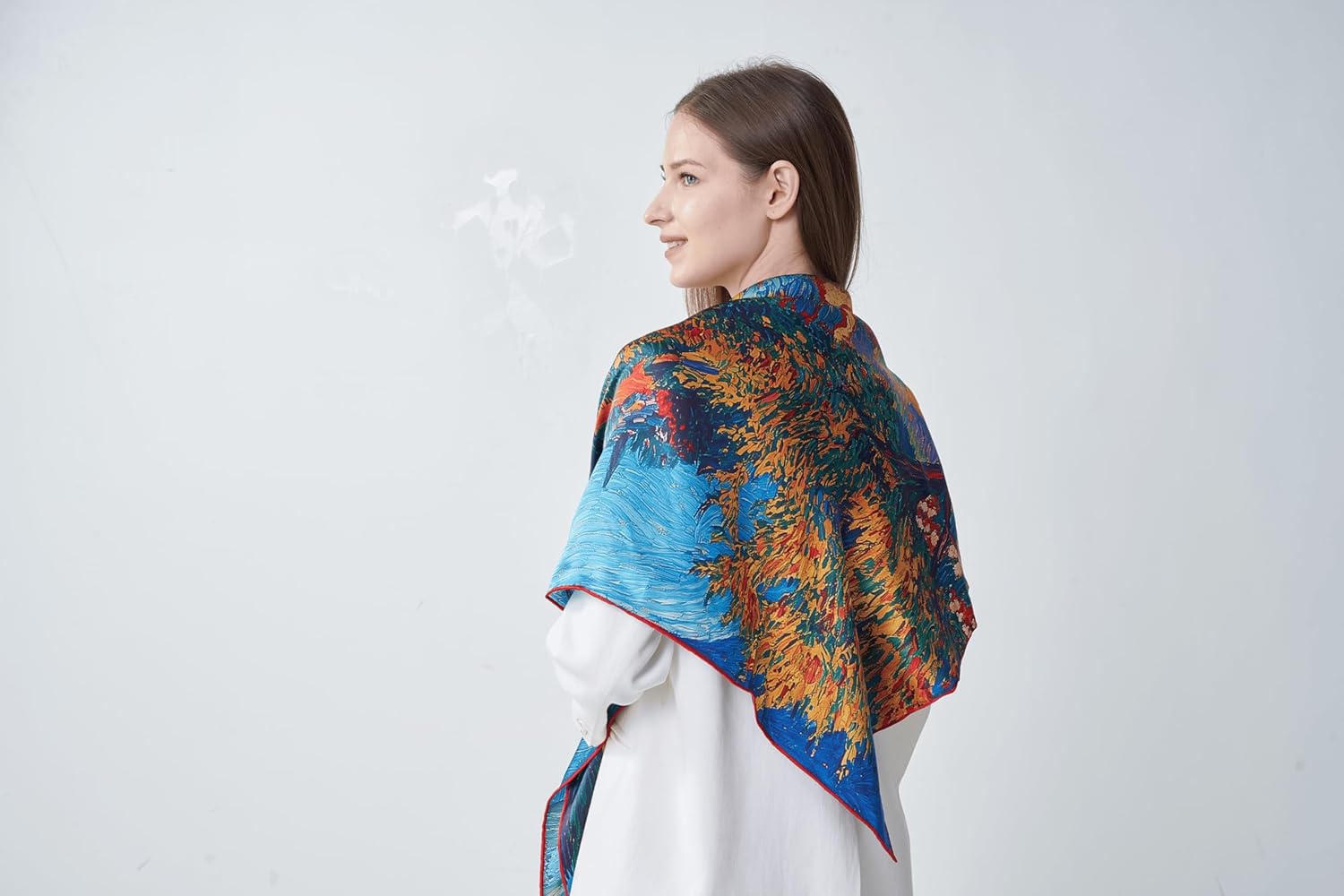 Tayri 100% Pure Silk Shoulder Scarf – 43" Large Square, 14 Momme, Hand-Rolled Edges, Van Gogh-Inspired Shawl, Floral Landscape Art Print