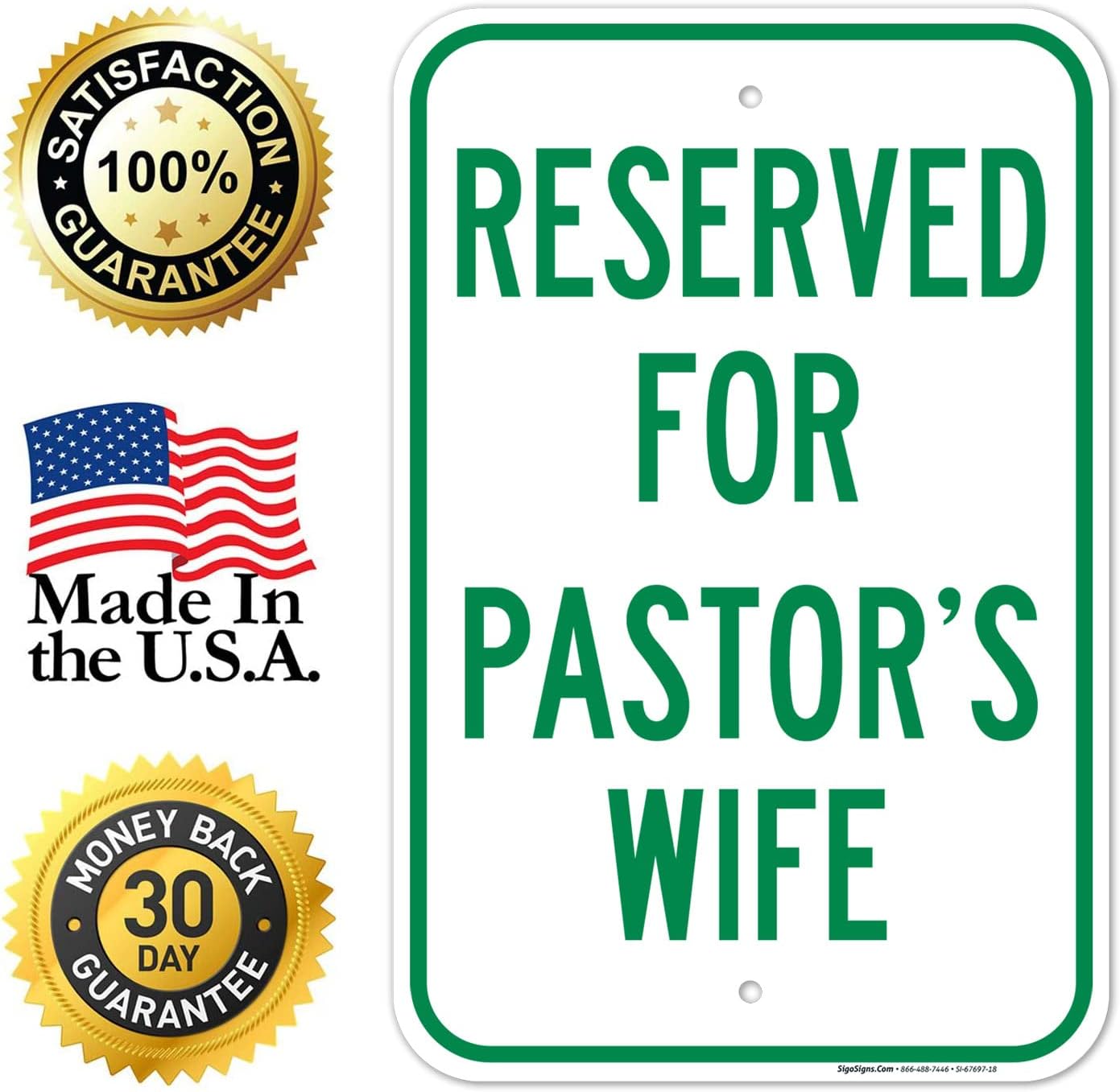 Reserved for Pastor's Wife Sign, 12x18 Inches, Rust Free .063 Aluminum, Fade Resistant, Made in USA