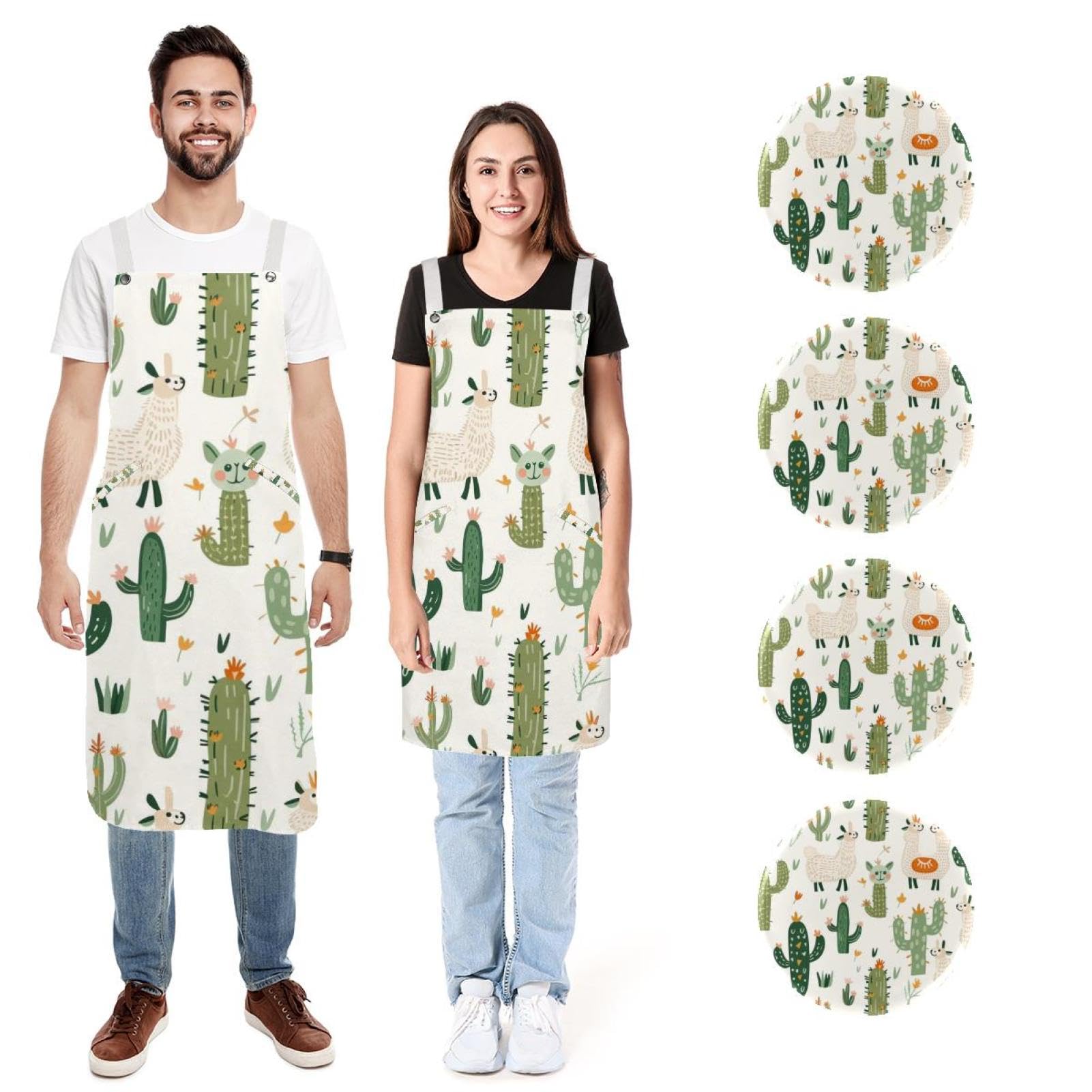 Lot de 2 tabliers de cuisine doux et réglables avec 2 grandes poches pour homme et femme Motif cactus, Imprimé cactus alpaga dessin animé, L:26.2x34.6in/66.5x88cm;M:26.2x26.6in/66.5x67.5cm