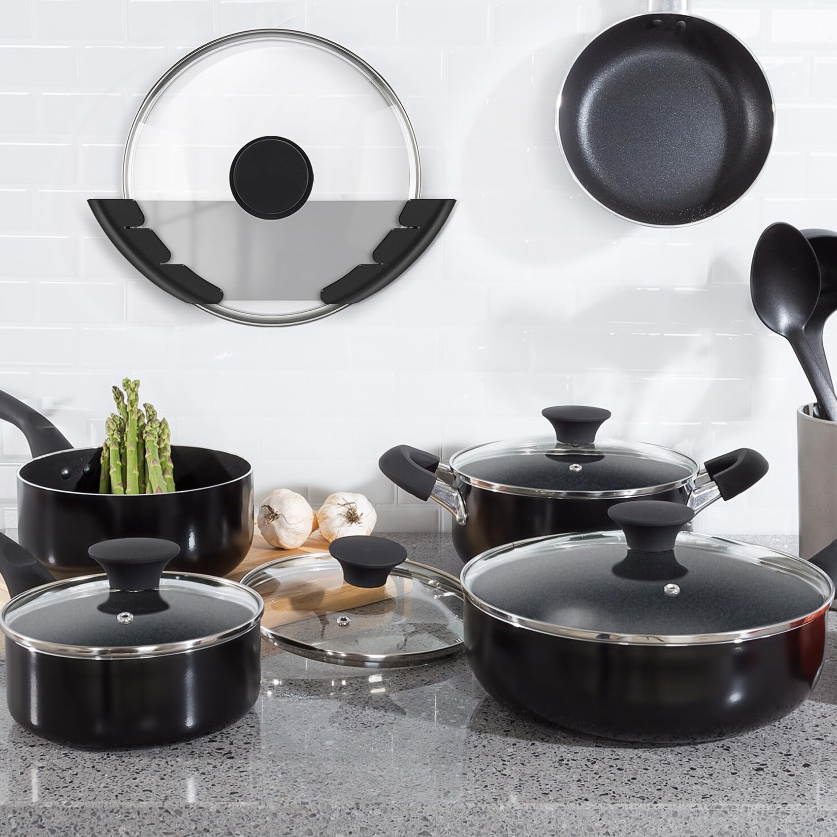6 tapas de pared para ollas, soporte autoadhesivo para tapa de cocina para puerta de armario, se adapta a ollas y sartenes de 6 a 13 pulgadas, solución de almacenamiento que ahorra espacio (negro)