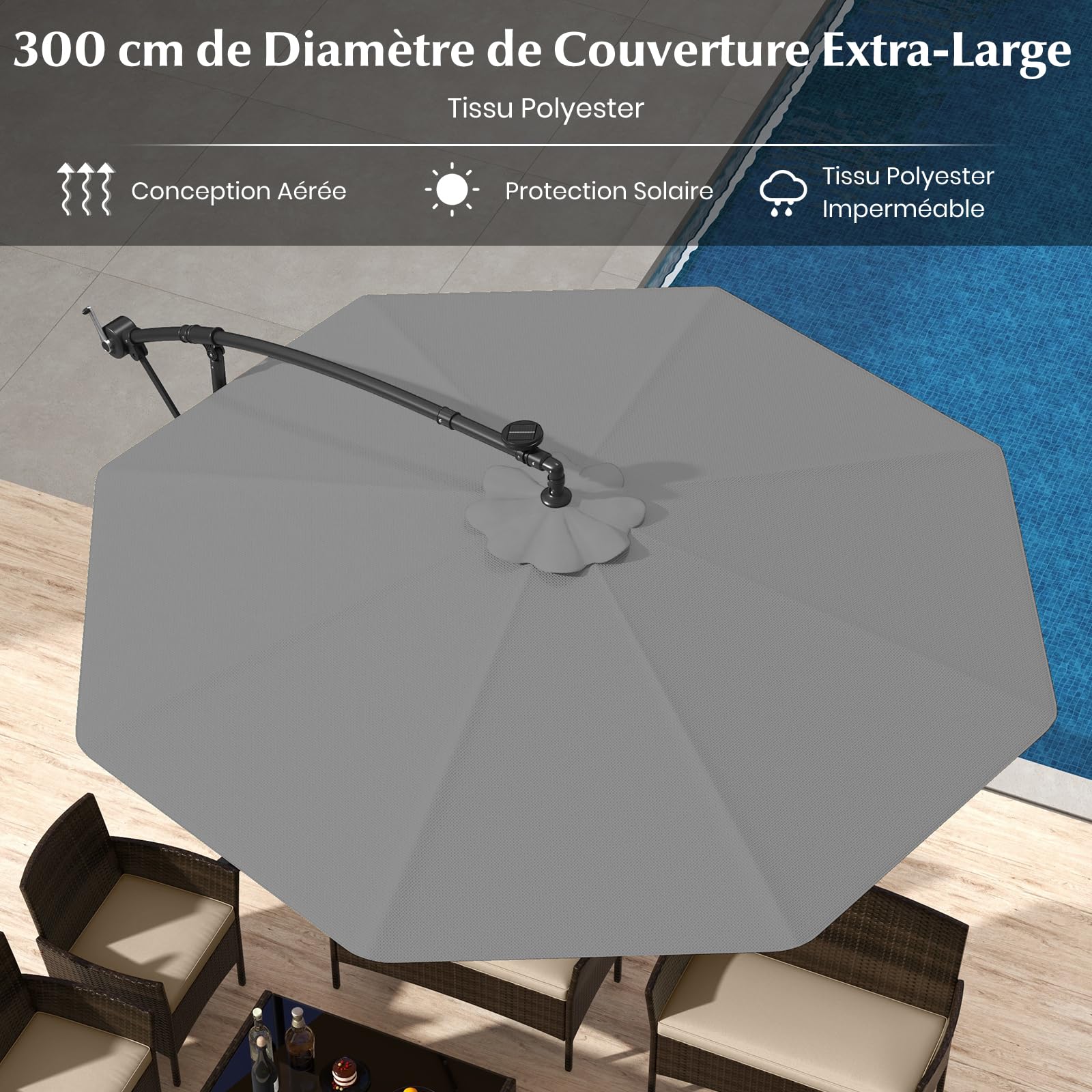 GOPLUS Parasol de Jardin Extérieur avec Pied, Parasol Déporté 3x3M, avec 40 Lampes Solaires, Toile Inclinable, Manivelle, 8 Baleines, Anti-UV, pour Terrasse Cour Patio (Gris)