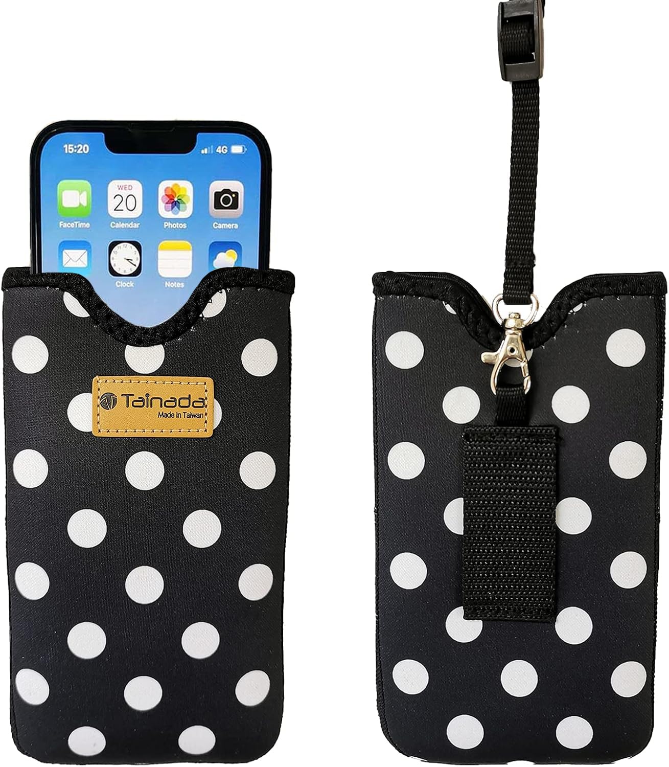 Tainada Neck Cellphone Sleeve Carrier w/Belt Loop (Black White Polka Dots)