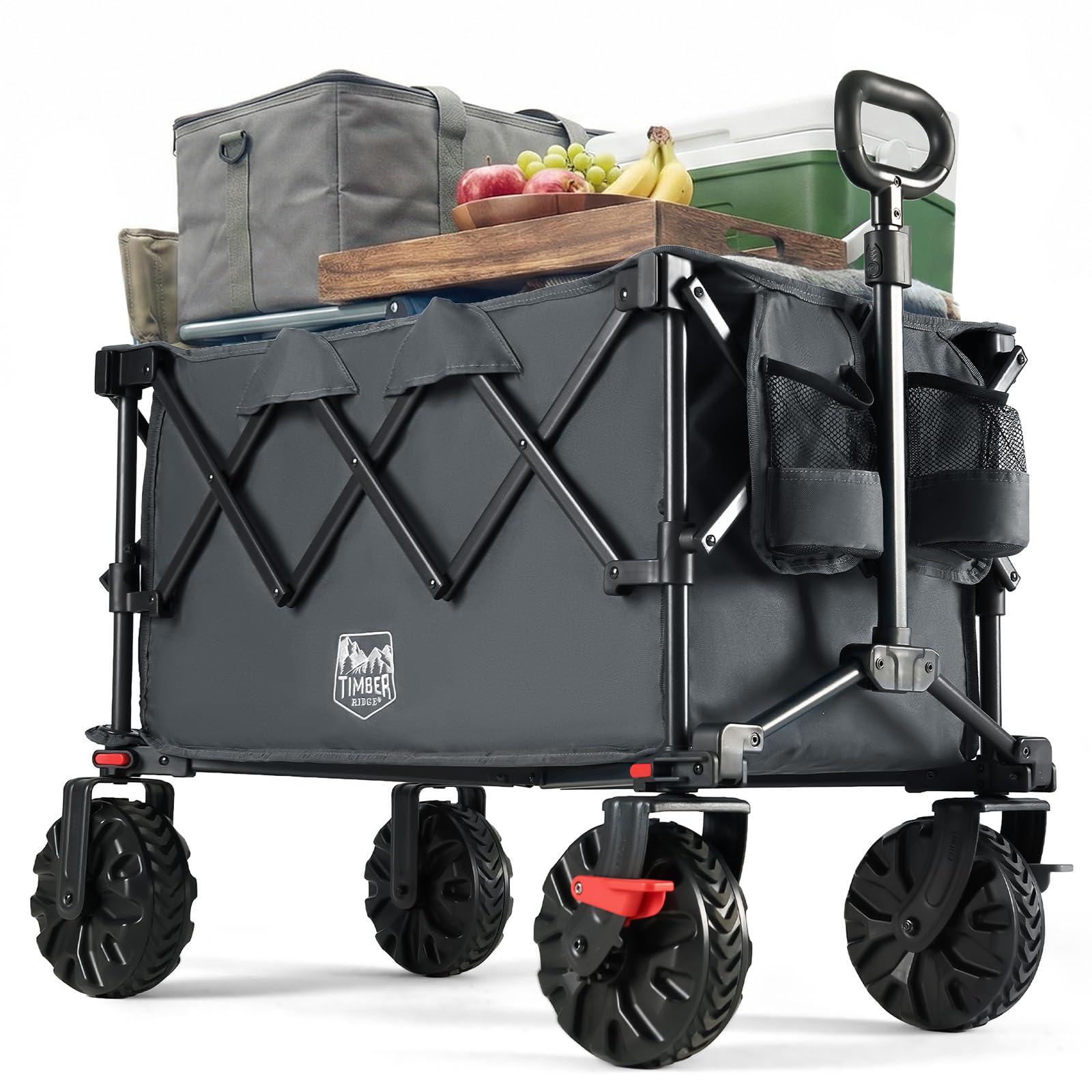 TIMBER RIDGE Bollerwagen Faltbar 250L Breite Reifen mit Bremsen Strandwagen | Handwagen Klappbar 150KG Belastbar mit Getränkehalter All Terrain Transportwagen für Camping Einkaufen Garten