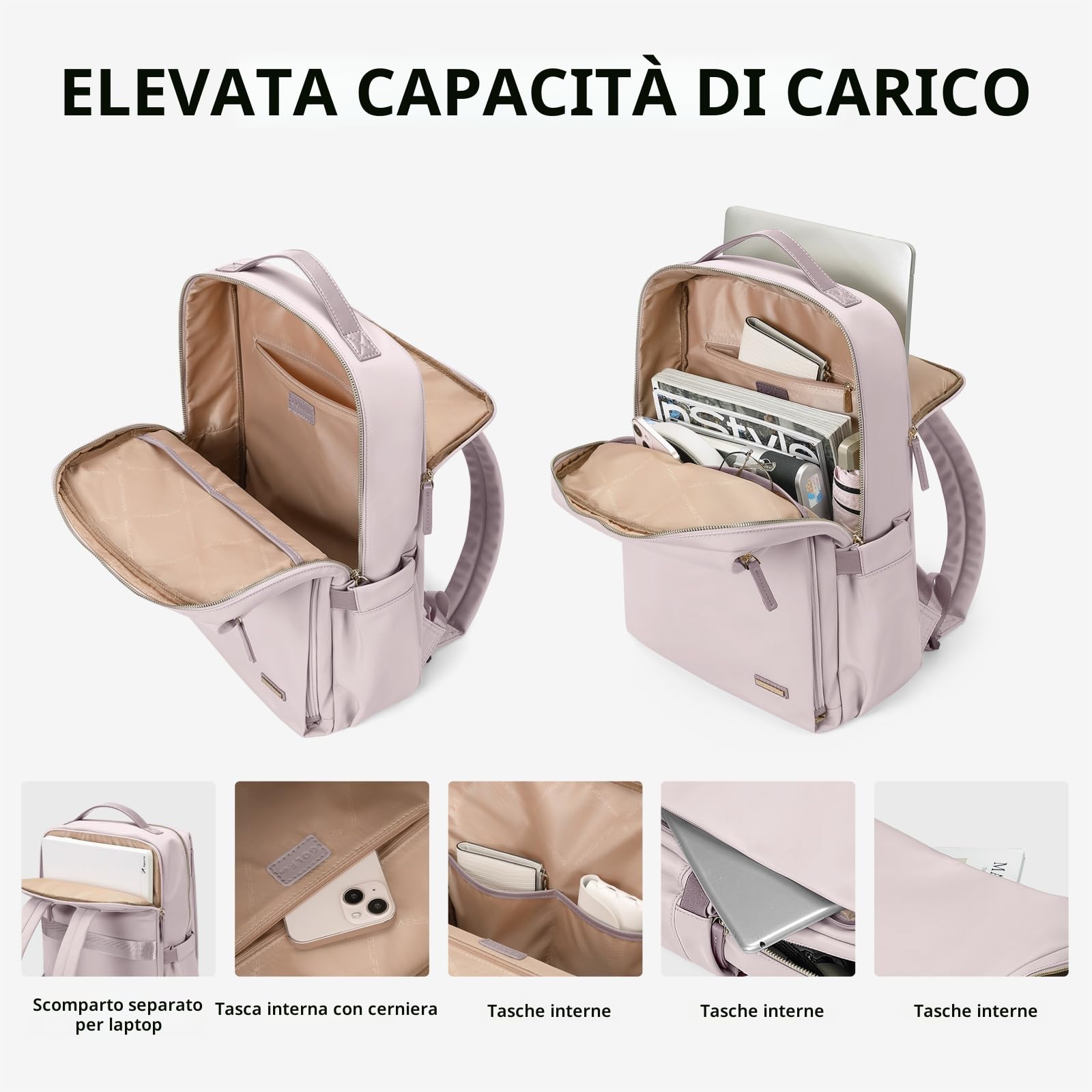 Zaino per Laptop da Donna 15,6 Pollici Elegante Approvato Compagnia Aerea Multifunzionale Grigio Rosato