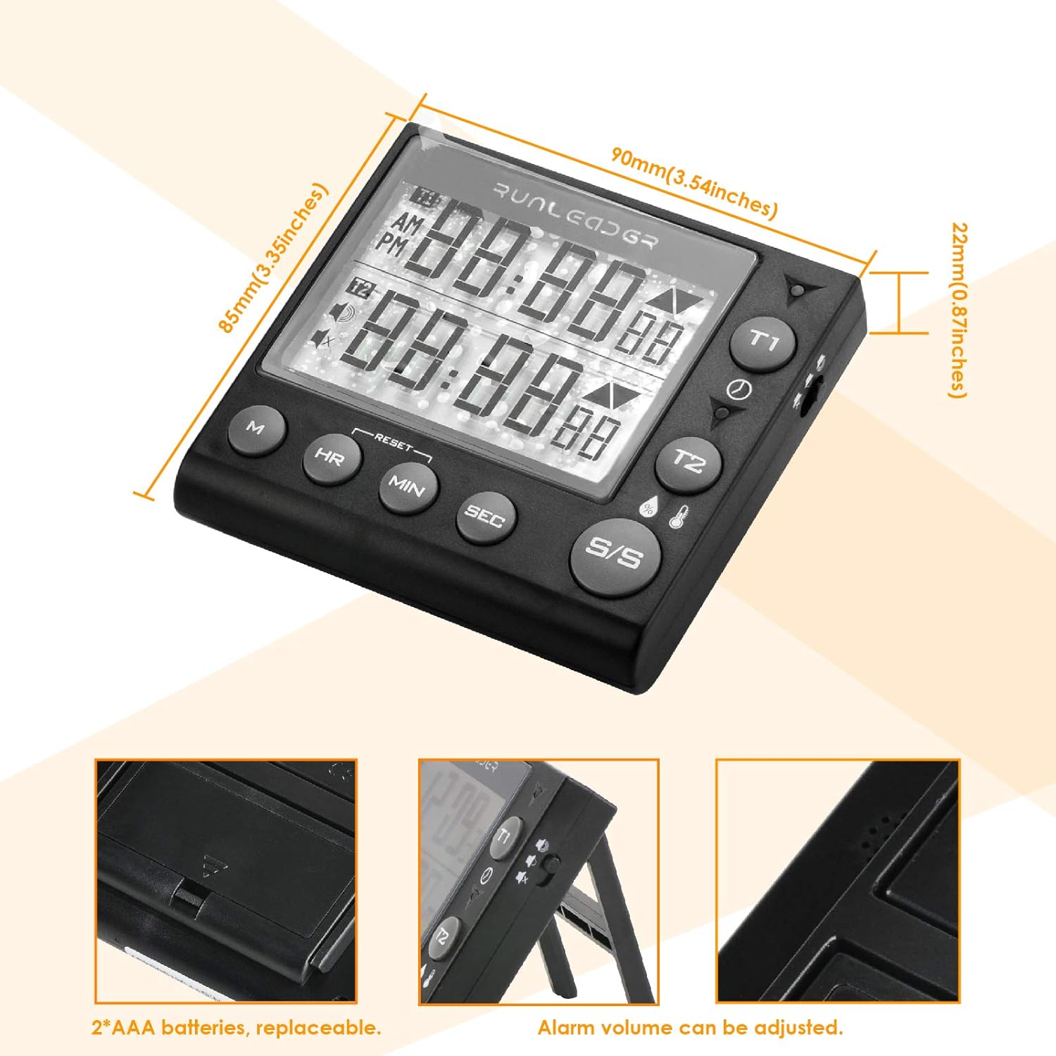 Runleader Digital Kitchen Timer showing battery compartment and dimensions