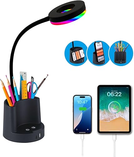 HomeFocus - Lámpara de escritorio LED con puerto de carga USB, luz de lectura para oficina en casa, luz nocturna RGB, lámpara de estudio regulable