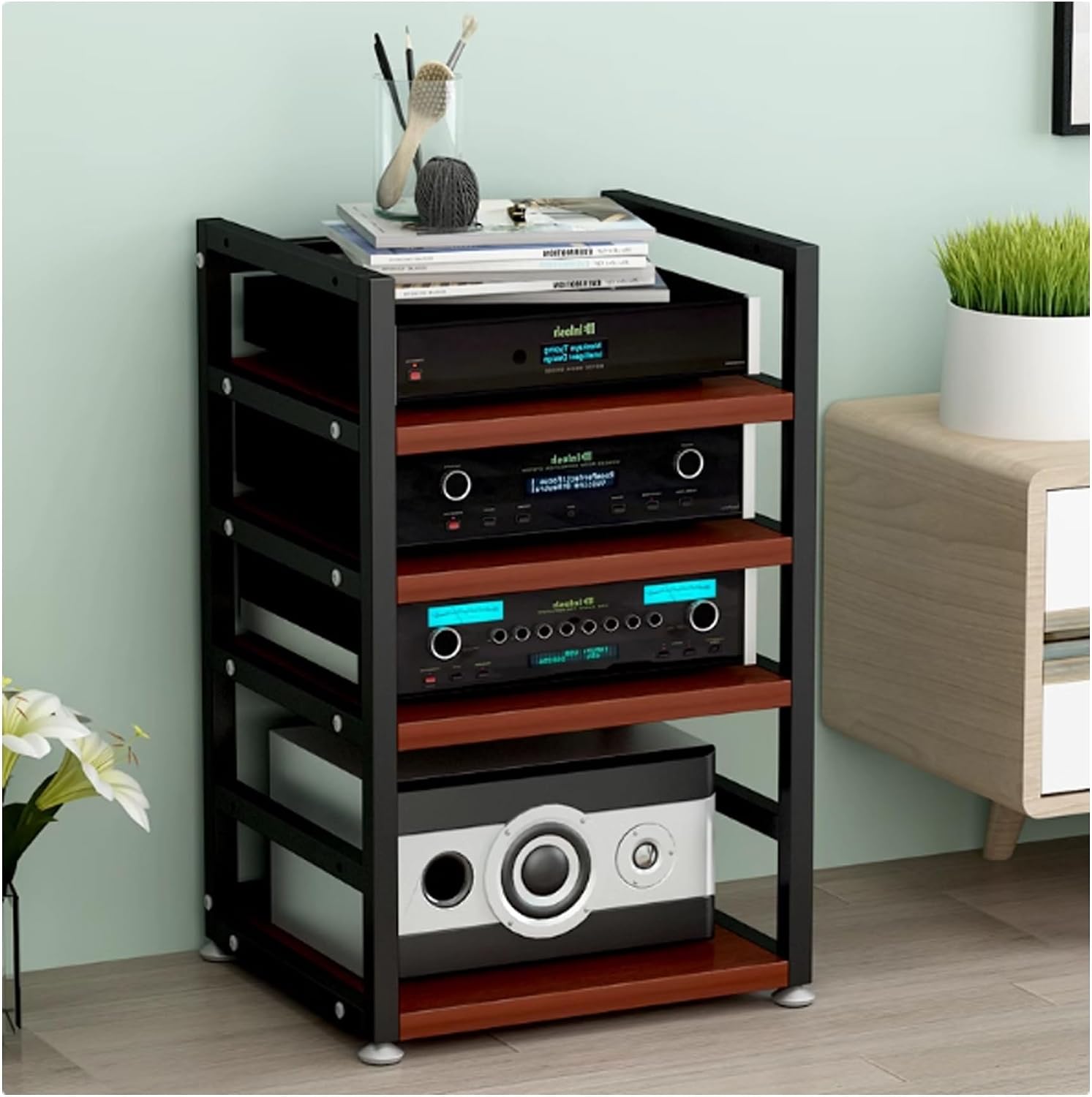 Open AV Media Stand – Adjustable Audio-Video Shelving Unit with Customizable Shelves & Foot Pads Stereo Component Storage Cabinet for Living Room, Gaming, Recording Room(Red Walnut)