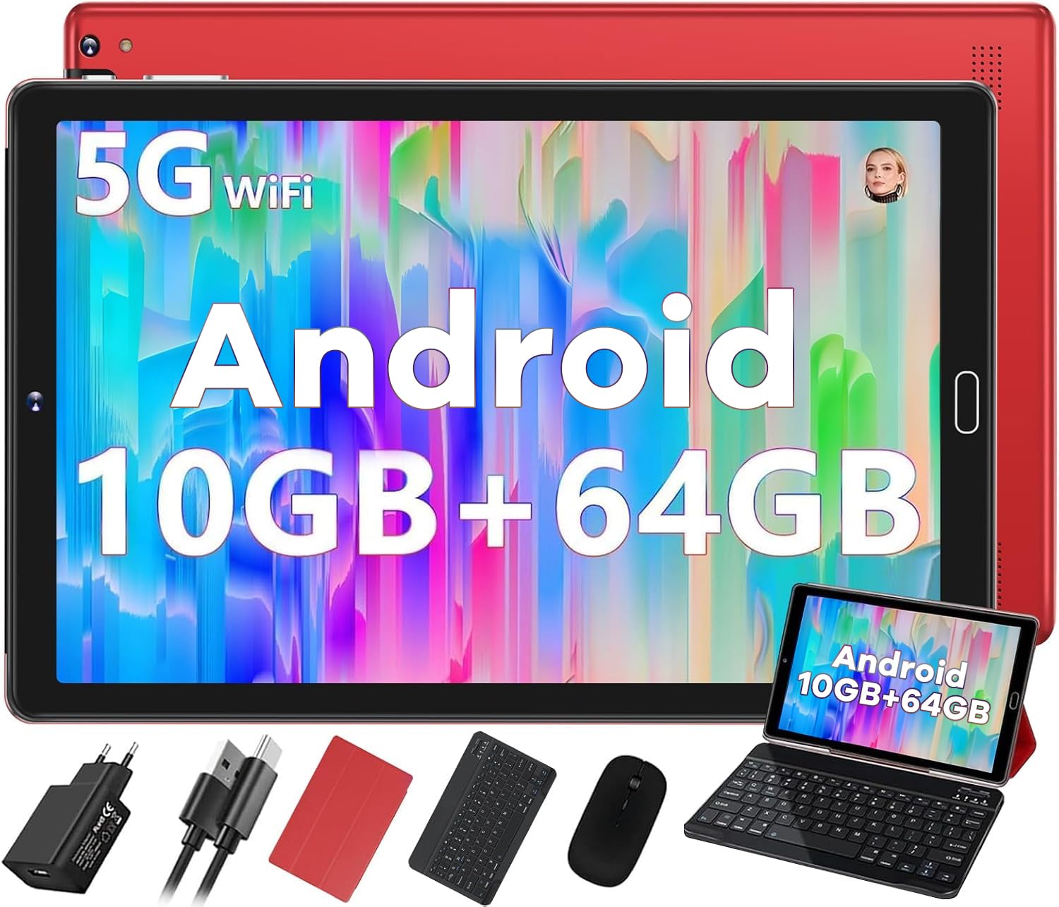 2026 - Tablet Android Octa Core de 10 pulgadas con 64 ROM +2 TB TF | 5G + 2.4G WiFi | FHD | GMS | Bluetooth 5.0 | 8MP + 5MP | tipo C, tableta táctil con funda, teclado y ratón -rojo