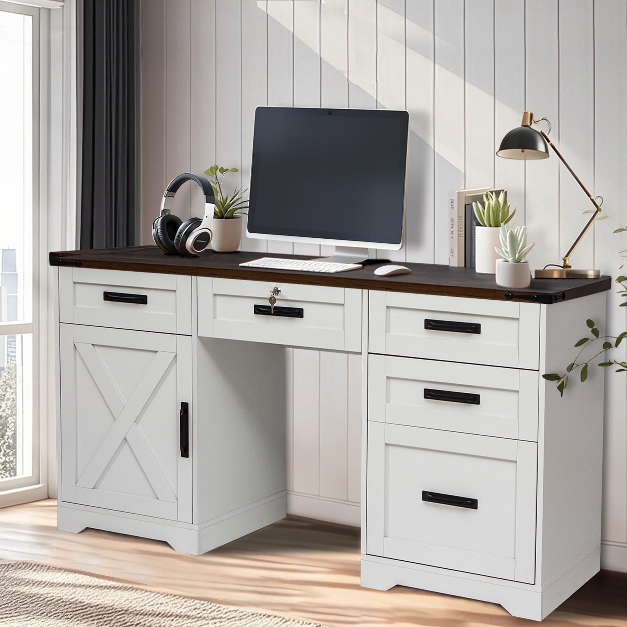 GIODIR 60" Farmhouse Executive Desk with 5 Drawers, Home Office Desk with Storage and Charging Station, Wooden Computer Workspace with Lock, Cabinet