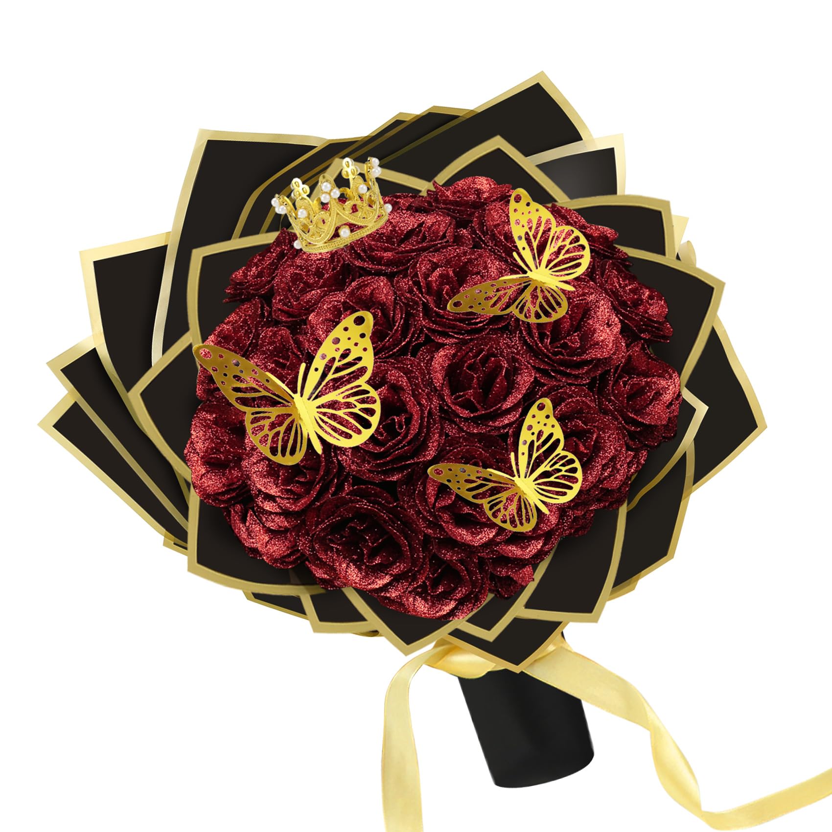 24Pcs Glitter Roses Bouquet, DIY Artificial Red Rose Bouquet with Crown and Butterfly, Glitter Flowers Artificial Bouquet,Preserved Flowers for Gifts Valentine's Day,Christmas,Anniversary,Birthday,Red
