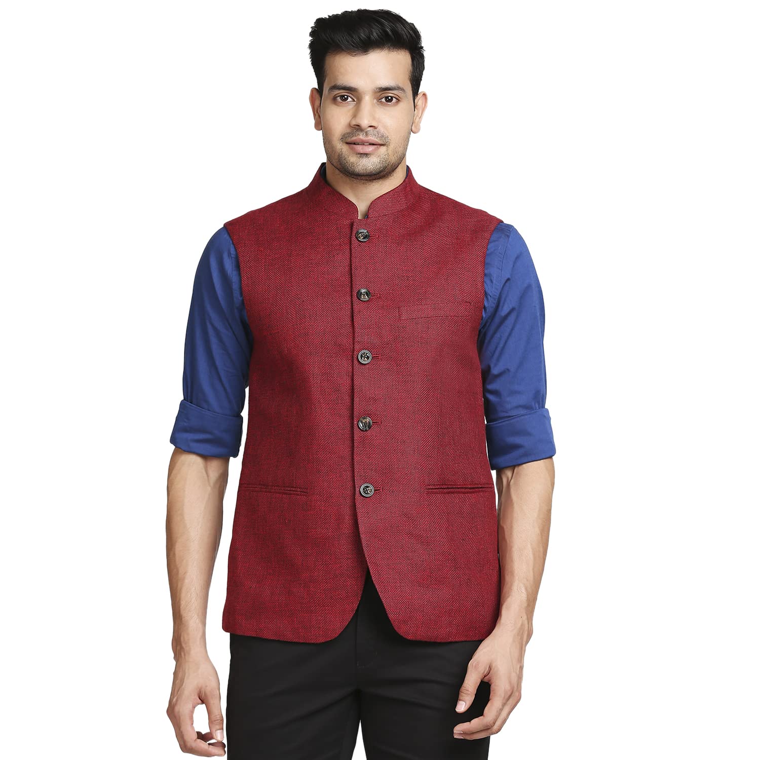 colorplus Men's Tailored Fit Pure Linen Stand Collar Yarn Dyed Pattern Full Sleeve Dark Red Casual Blazer-picture-29
