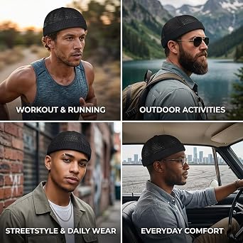 2 Pack Mens Breathable Brimless Docker Hat, Adjustable Lightweight Mesh Skull Cap for Summer Outdoor Wear