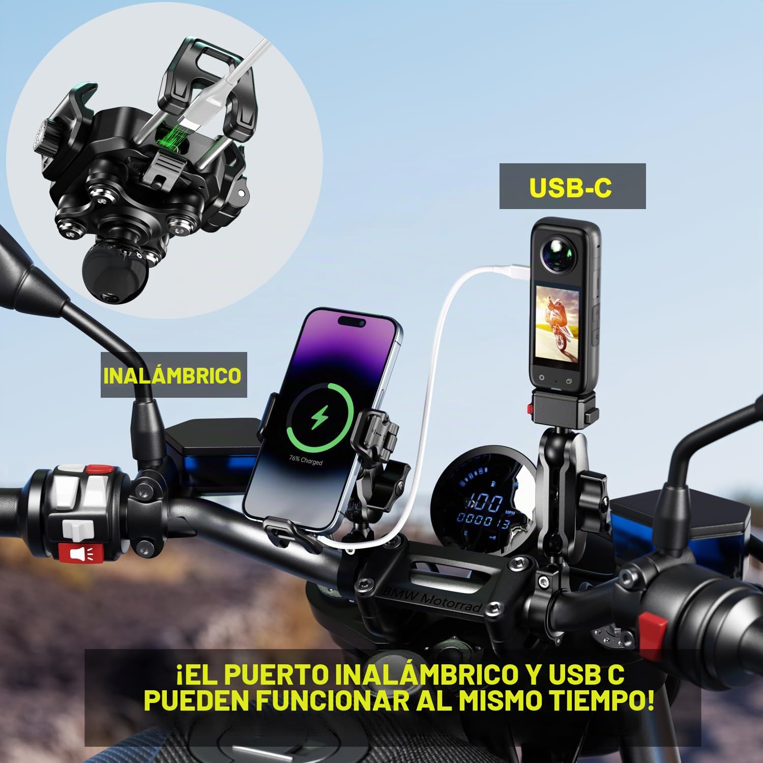 iMESTOU Soporte Inalámbrico USB C para Motocicleta, Antivibración, Bola de 25MM Soporte para Teléfono Qi Adecuado para Teléfonos de 5.2"-7.2" de Grosor hasta 15mm de Grosor para Manillares de 22-32mm
