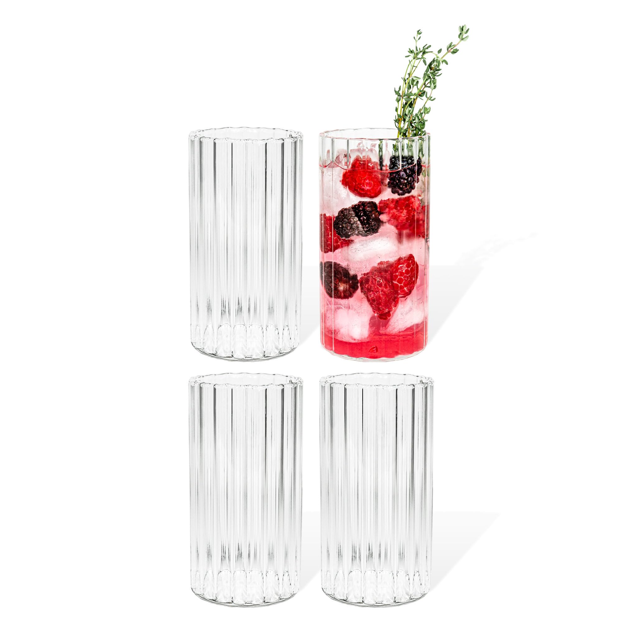 7 O'CLOCK Set of 4 Glasses | Vintage Stripe Design Long Glass Norway | Drinking Glasses for Iced Coffee, Cocktail, Long Drinks, Water, Tea, Coffee, Juice | Dishwasher Safe