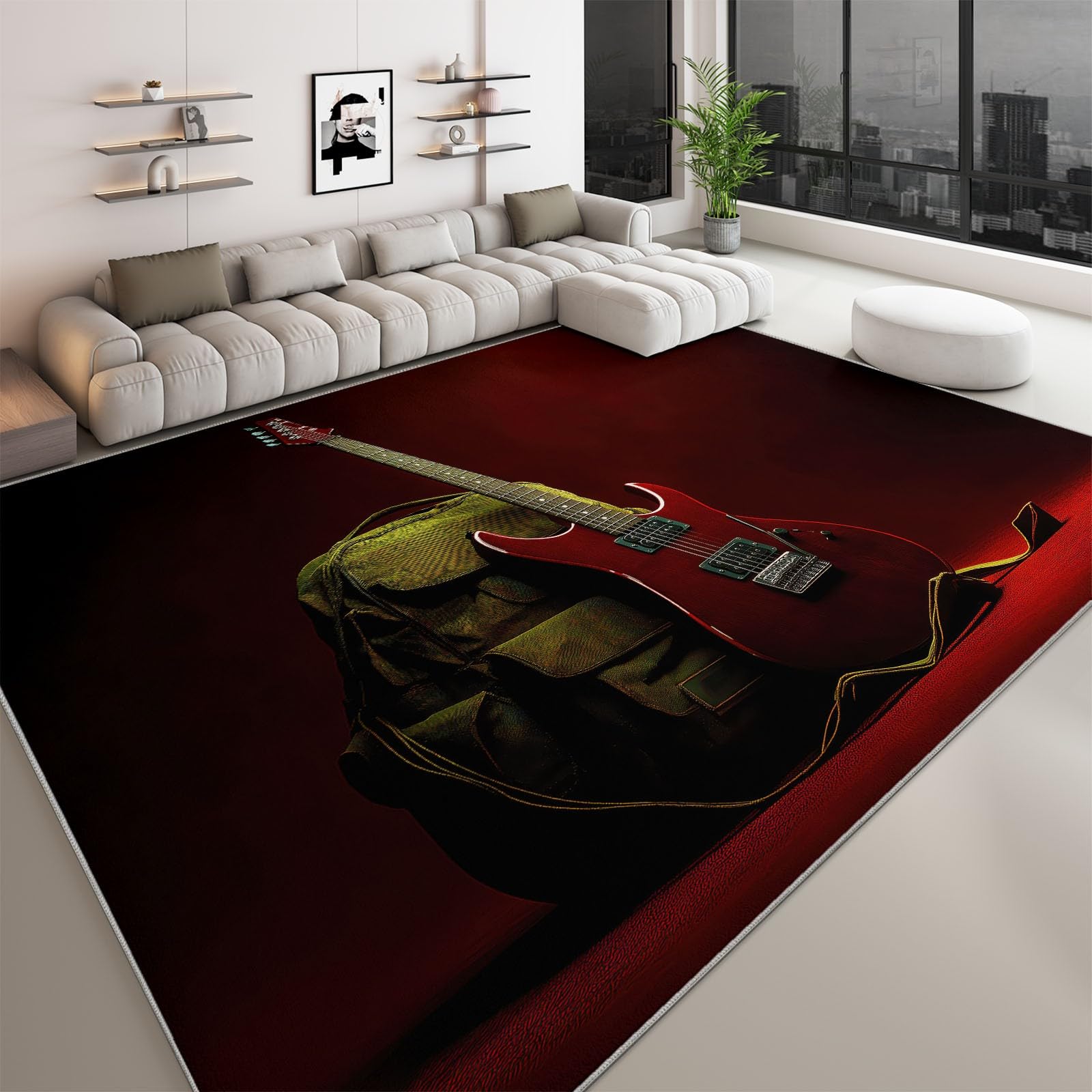 Tapis salon 160 x 230 cm hyperréaliste rouge lavable et doux à poils ras