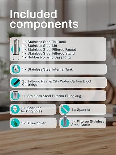 Miniatura 7 de Filteroo Superoo - Sistema de filtro de agua por gravedad para encimera, 3.17 galones12L, acero inoxidable 304, 2 filtros de carbono, purificador de