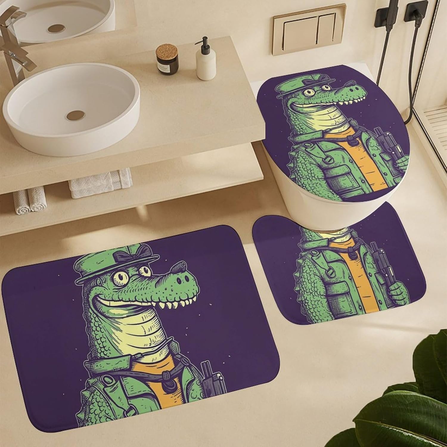 Crocodile Holding Gun Shower Curtain Set 4 Piece, Non-Slip Bath Mat with Toilet Lid Cover and Waterproof Shower Curtain with 12 Hooks, Complete Bathroom Set for Home Decor