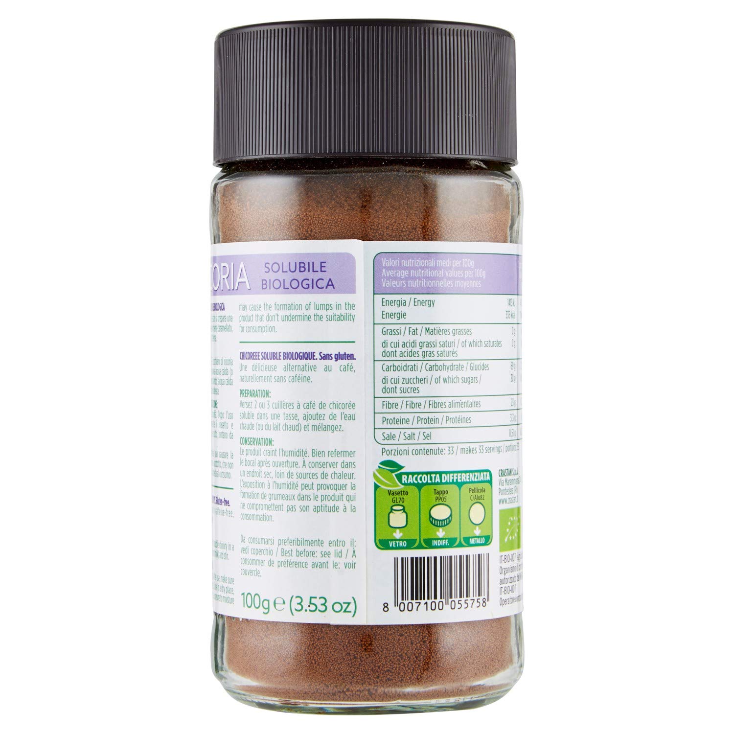 Crastan Cicoria Solubile da Agricoltura Biologica Senza Glutine - 6 vasetti da 100 gr