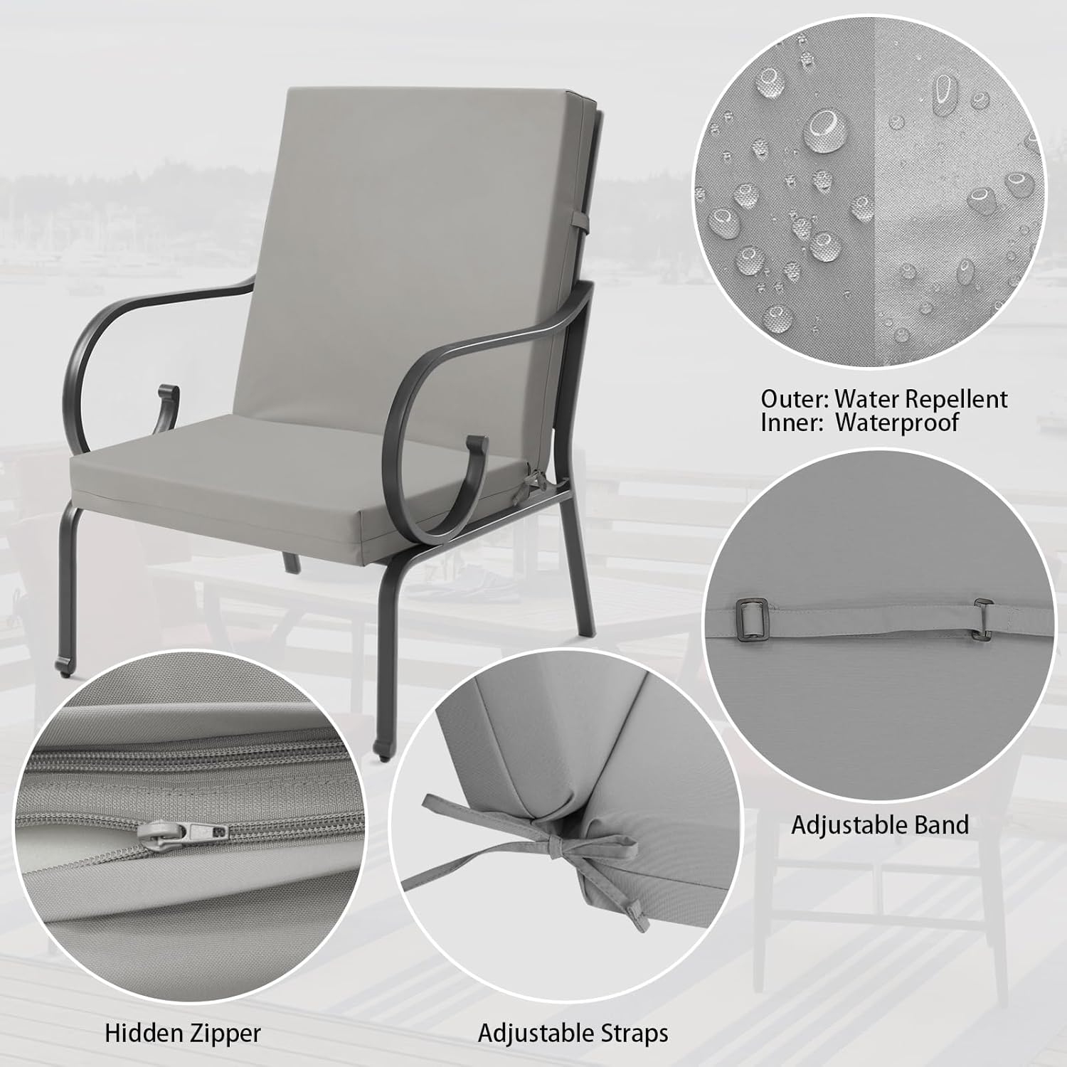 Outdoor High Back Cushions Patio Fade Resistant Chair Cushion with Ties, Waterproof Solid Seat and Back Chair Cushion, 42" L x 21" W x 3" T, Light Gray