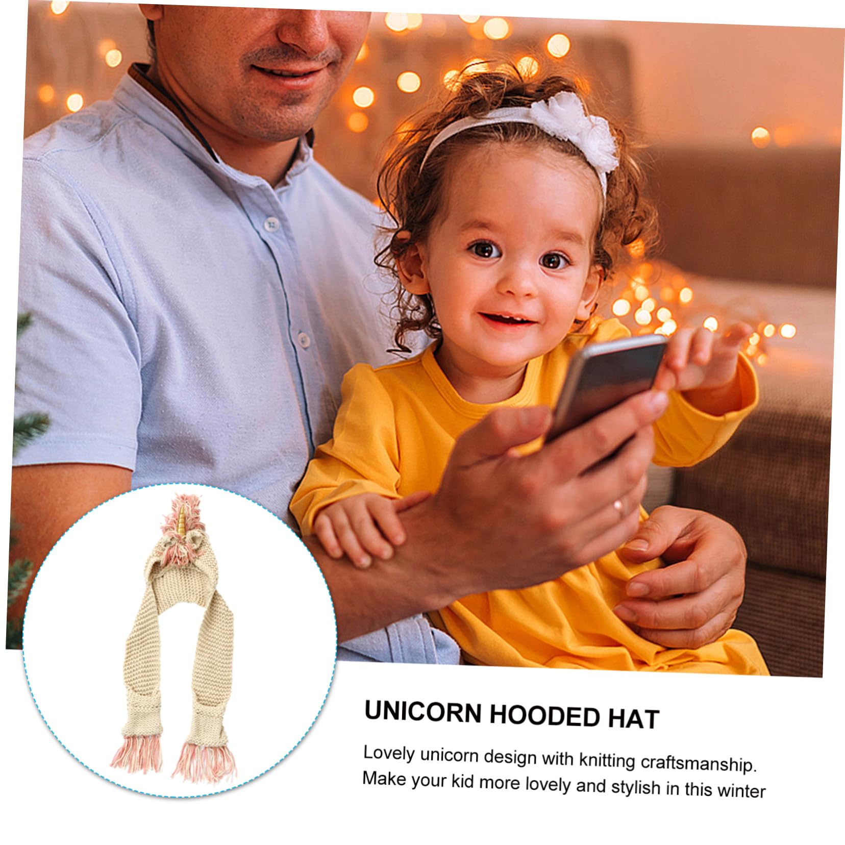 Gorro de Unicornio de Crochet para Niños, Grande 6-12 Años, Acrílico Dorado | Bolsillo para Bufanda, Tejido a Mano, Capucha Cálida, Adecuado para Festivales y Sesiones Fotográficas