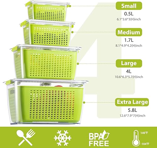 Miniatura 10 de LUXEAR Paquete de 4 recipientes de frutas para refrigerador, contenedor de almacenamiento de verduras con tapas y colador extraíble organizador de