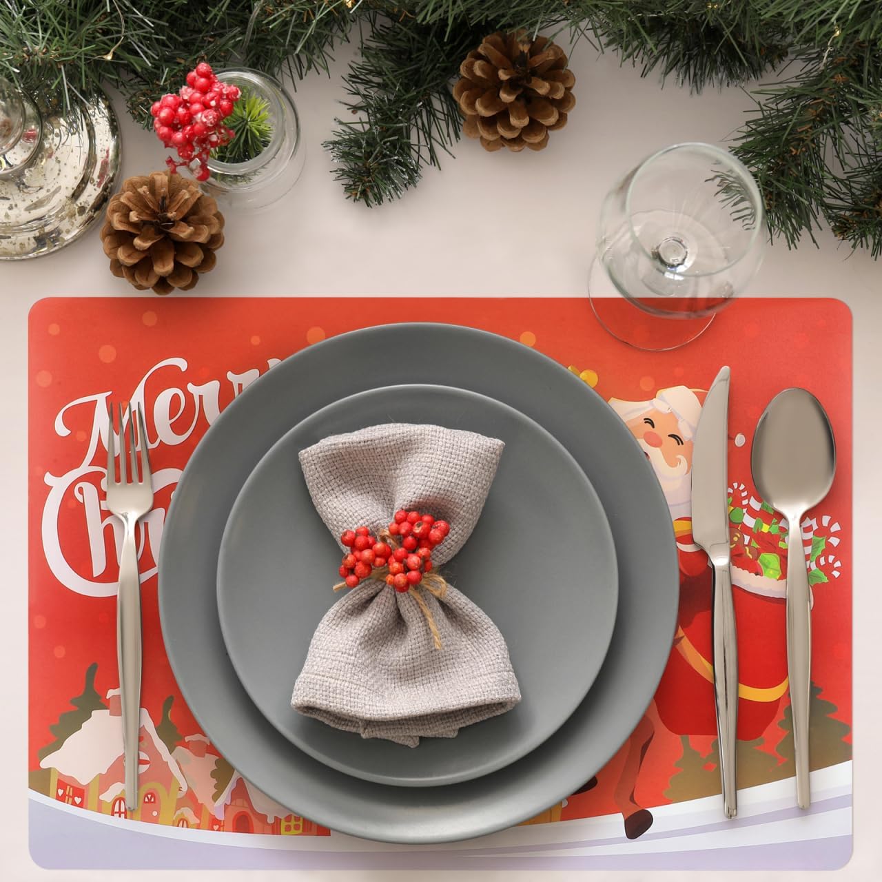 BESTonZON 6PCS Cute Christmas Placemats Waterproof Xmas Christmas Placemats Set, Red Holiday Table Mats for Dining Table Decoration(17.3” X 11.8”)