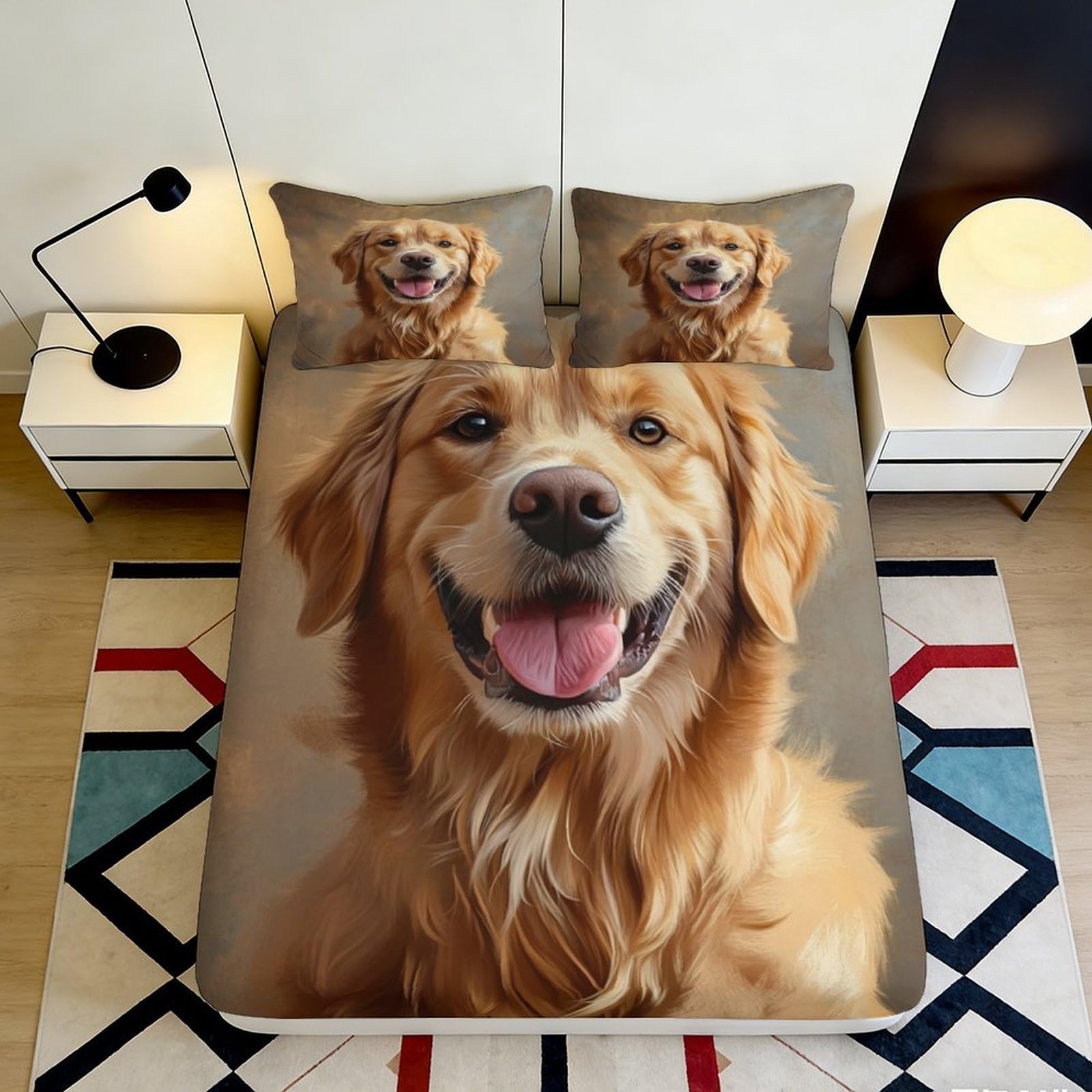 3D Printed Golden Retriever Dog Fitted Sheet Microfiber Non Slip Bed Cover for Bedroom Guest Room Dorm Decor 90x200x25cm