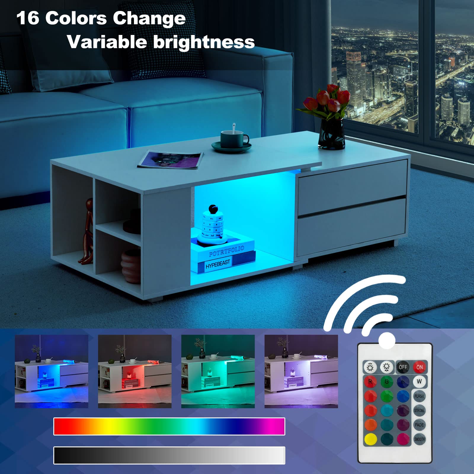 TUKAILAI Weißer Ausziehbarer Couchtisch mit LED-Lichtern, Couchtisch mit Stauraum, 4 Schubladen, großes Aufbewahrungsregal Holzsofa, Moderner Holztisch, Wohnzimmer Kaffeetisch