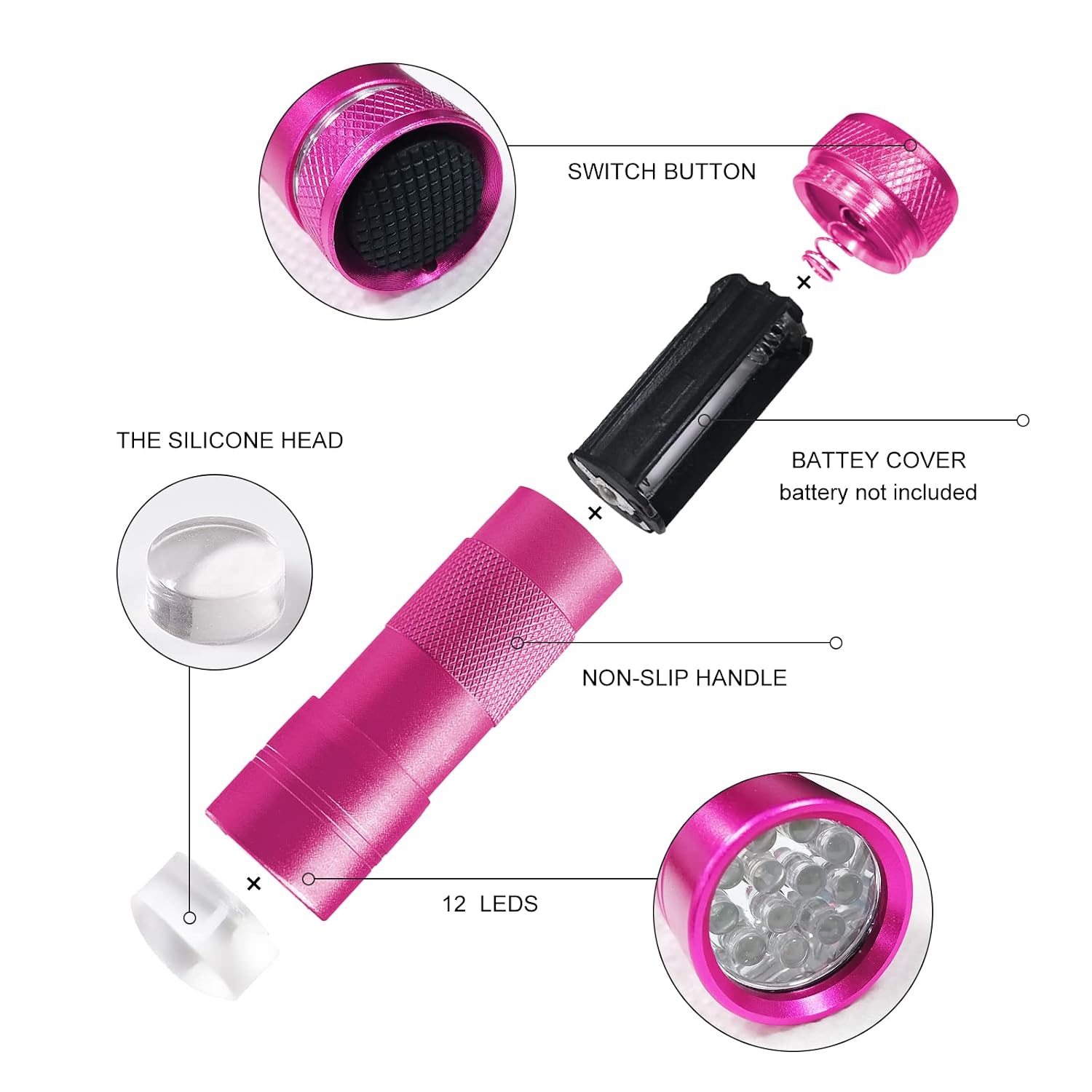 FREEORR Mini UV Light Presser with 2 Replacement Head, Portable Temporary Nail Dryer with Flat Silicone Head for Perfectly Flatten Nail Decoration, Fits All Nail Arc(Pink) (Battery Not Included)