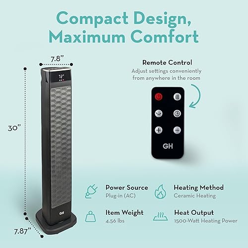 Miniatura 3 de Good Housekeeping Calentador de espacio oscilante de cerámica con mando a distancia, 30 pulgadas, negro