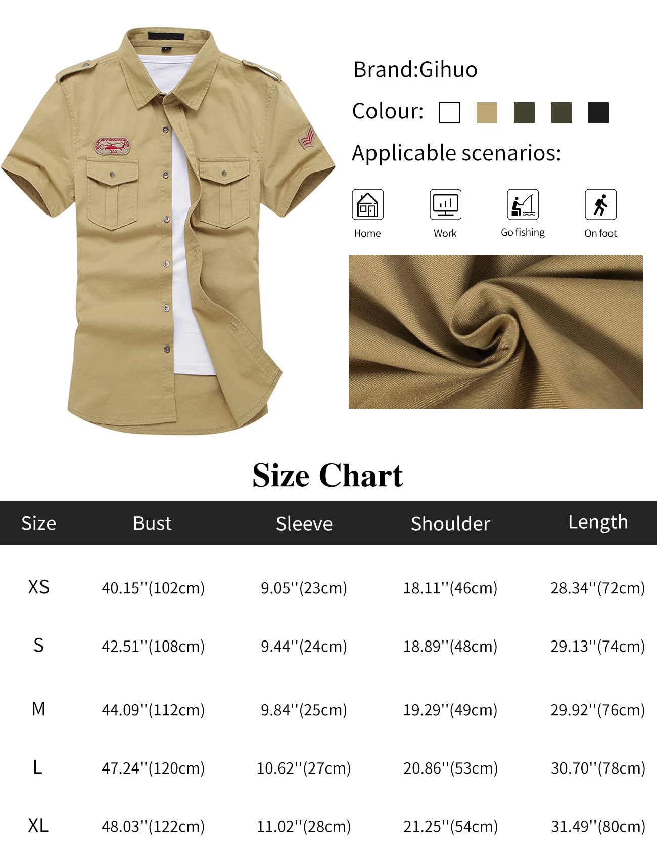 Gihuo - Camisa táctica militar de manga corta para hombre, para trabajo, aire libre, senderismo, camping, caza, pesca