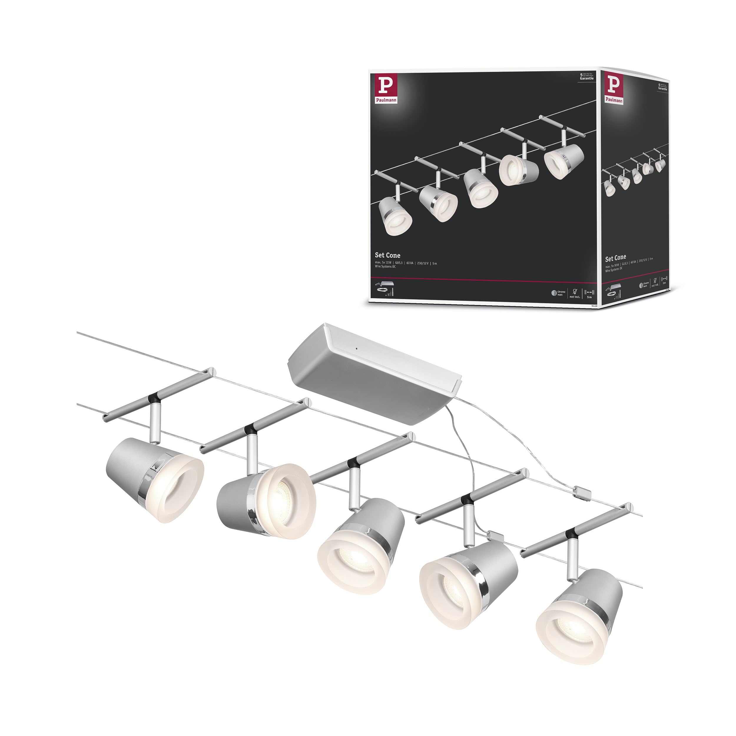 Paulmann 94459 CorDuo Cable System – Basic Lighting Set Cone DC, Max 5 x 10 Watt Extendable Wire Cable Matt Chrome Plastic GU5.3 Wire Cable System Without Bulbs
