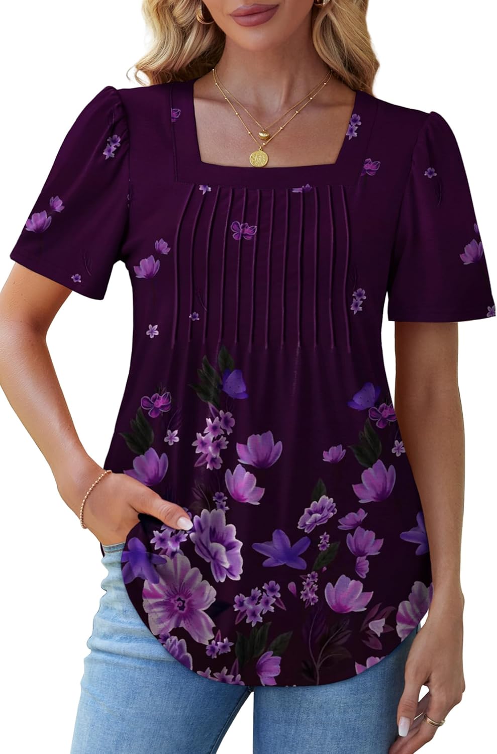 OFEEFAN T Shirts for Women Pleated Square Neck Dressy Casual Blouses Puff Short Sleeve Summer Tops Loose Fit - Image 3
