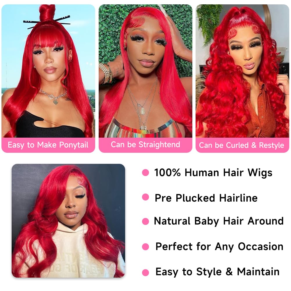 Amazon.com : Lotulo 22 Inch Red Wig Human Hair 13x4 Body  display picture 1