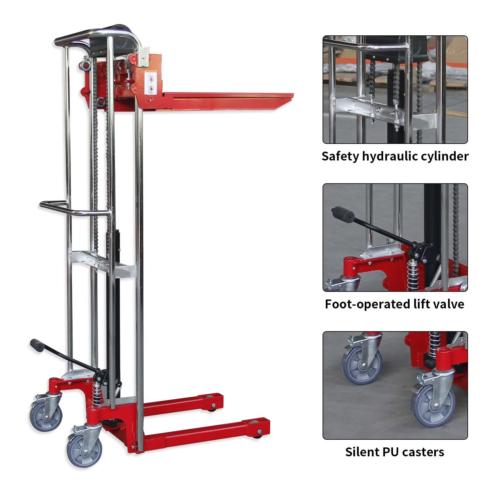 Ręczny hydrauliczny układacz palet, 880Lbs Pojemność, Podnośnik operowany pedałami, Wysokość podnoszenia 51,2 ", Zdejmowana płyta platformowa, Wózek stołowy z ciężkim materiałem