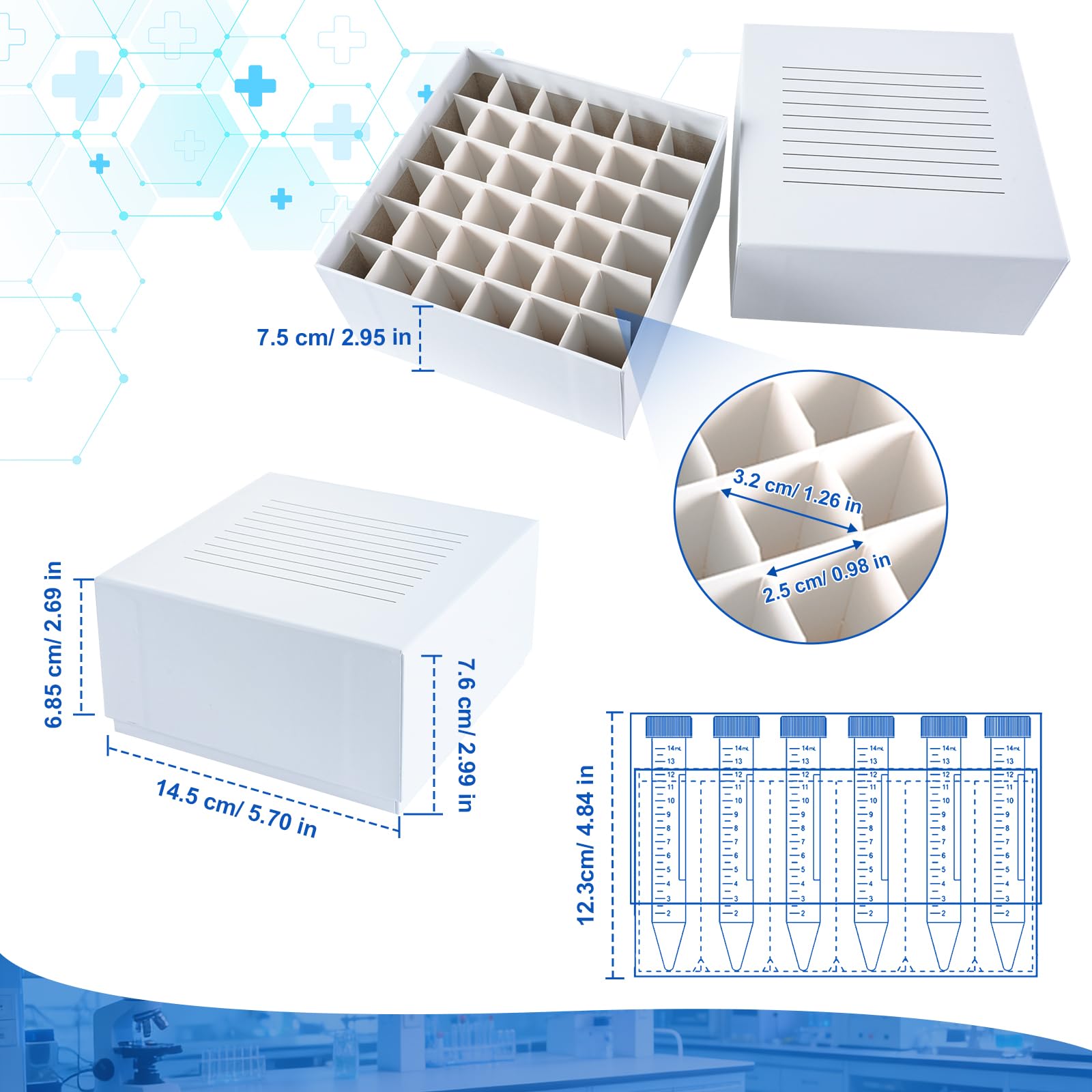 Cajas de cartón de 36 posiciones de 7.6 cm de altura, cajas de almacenamiento para tubos de 15 ml, cajas de almacenamiento de viales blancos, caja de 20 unidades