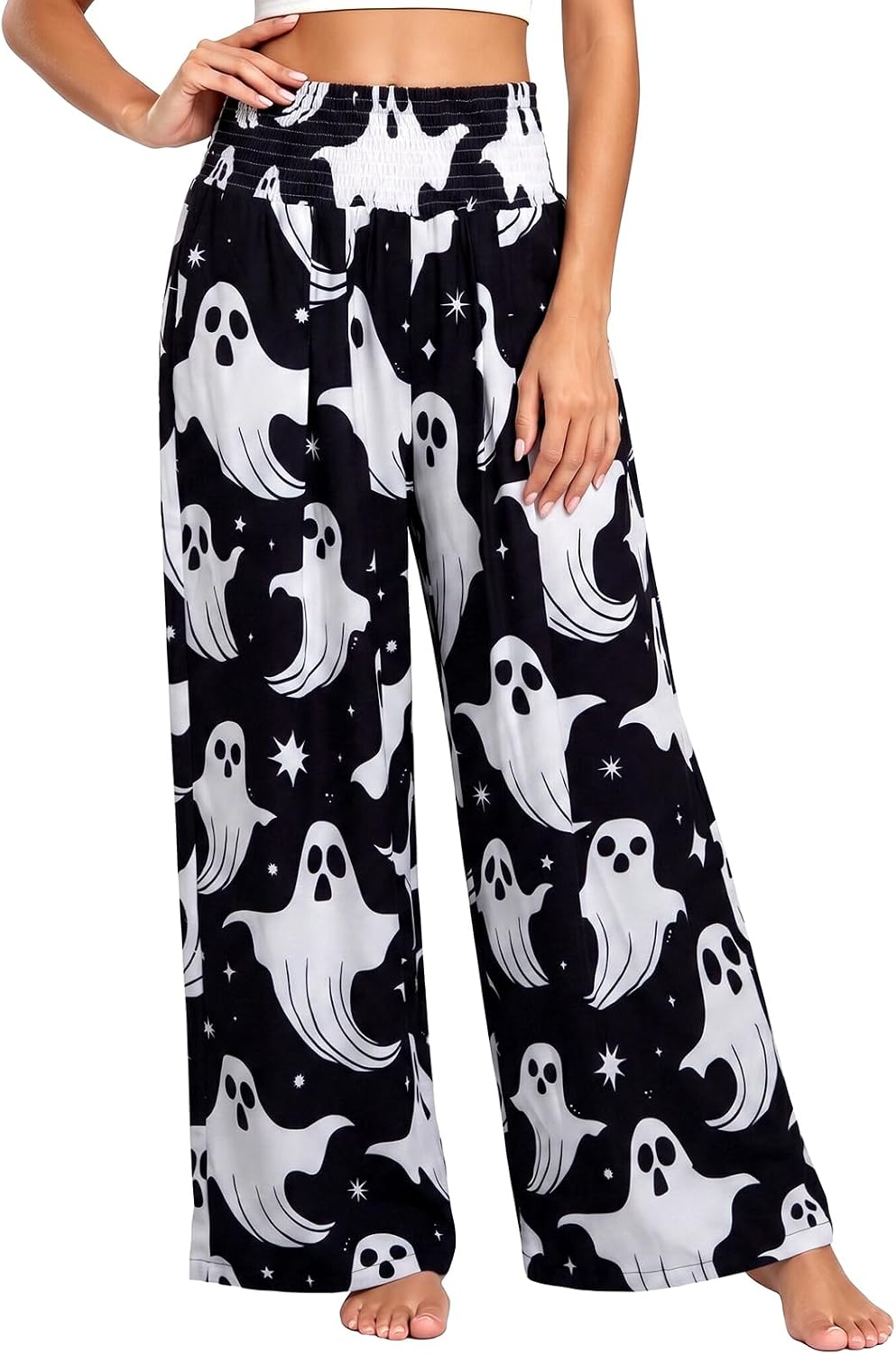 Women's Halloween Pajama Pants, Pumpkin Ghost Wide Leg Lounge Pants | Soft Polyester Pull-On Bottoms with An Elastic High-Rise Waist for Sleep, Lounging, Or Parties.