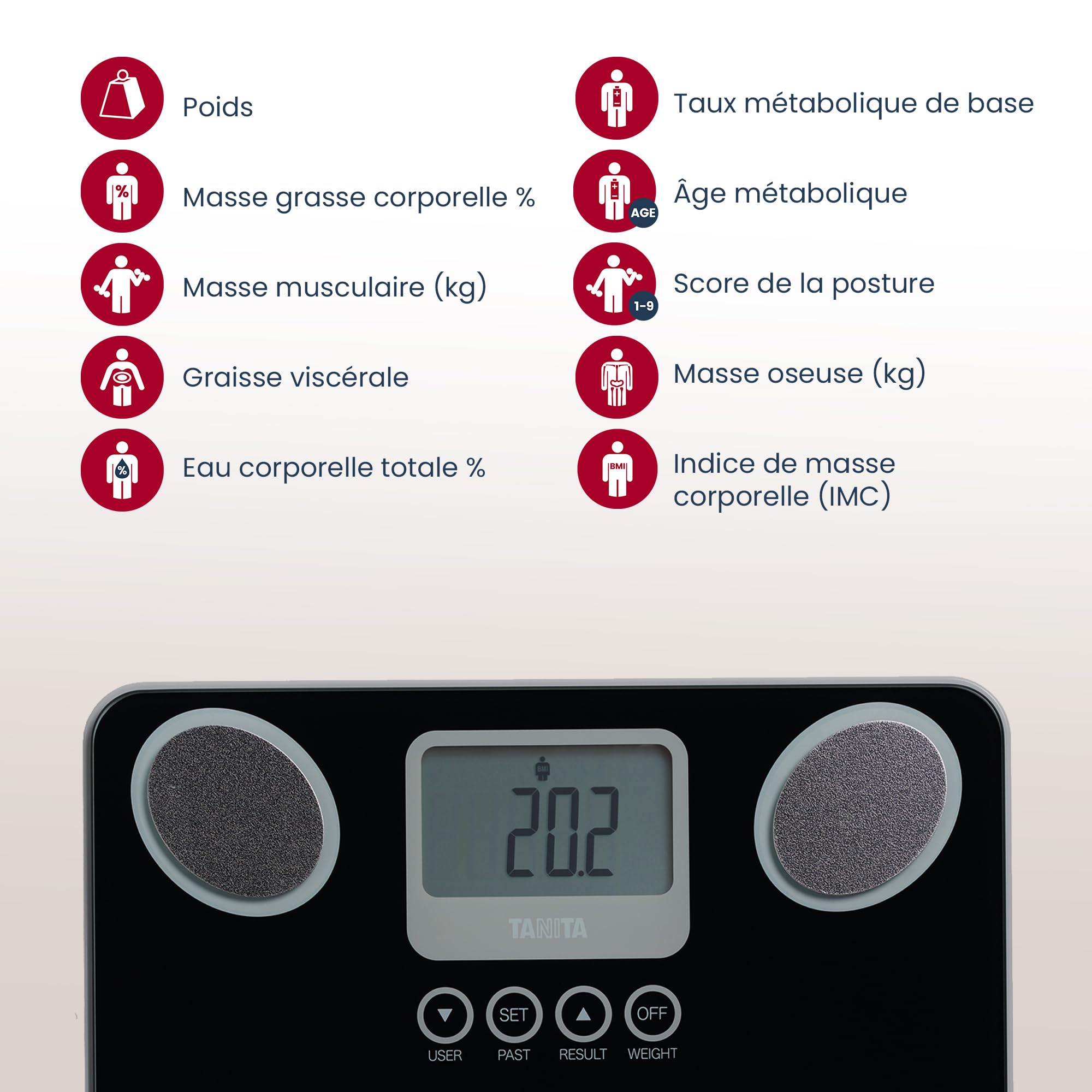 TANITA BC-731 Moniteur de Composition Corporelle Compact en Verre à Innerscan Écran LCD Facile à Lire 10 Mesures Noir