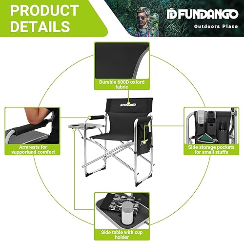 Miniatura 6 de FUNDANGO Silla de director de camping plegable portátil con mesa auxiliar, silla de campamento de gran tamaño, silla plegable de aluminio, sillas al