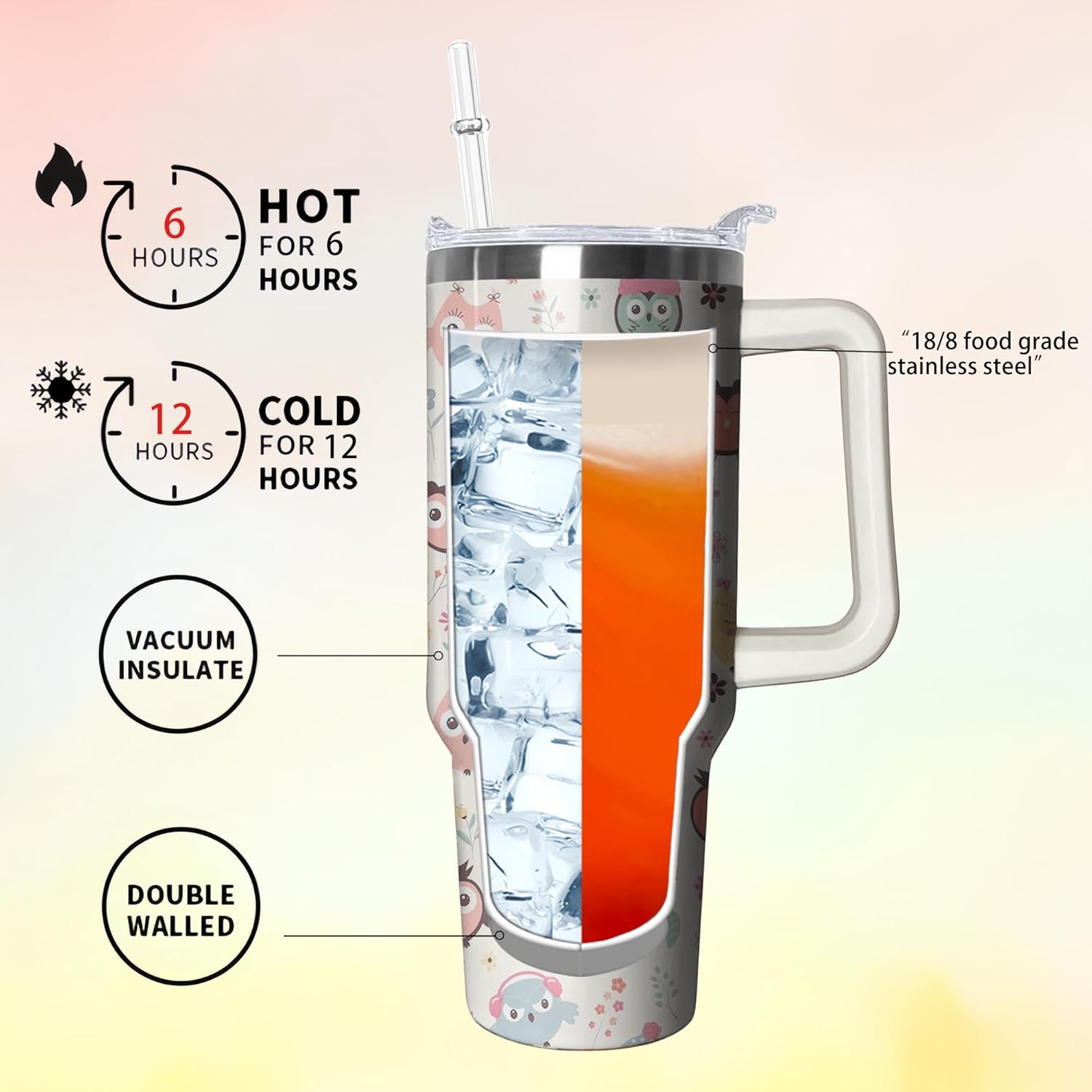 40 oz Owl Tumbler with Handle and Straw, Insulated Stainless Steel Cup with Lid, Travel Coffee Mug Water Bottle, Animal Lovers Women Gifts - Image 3