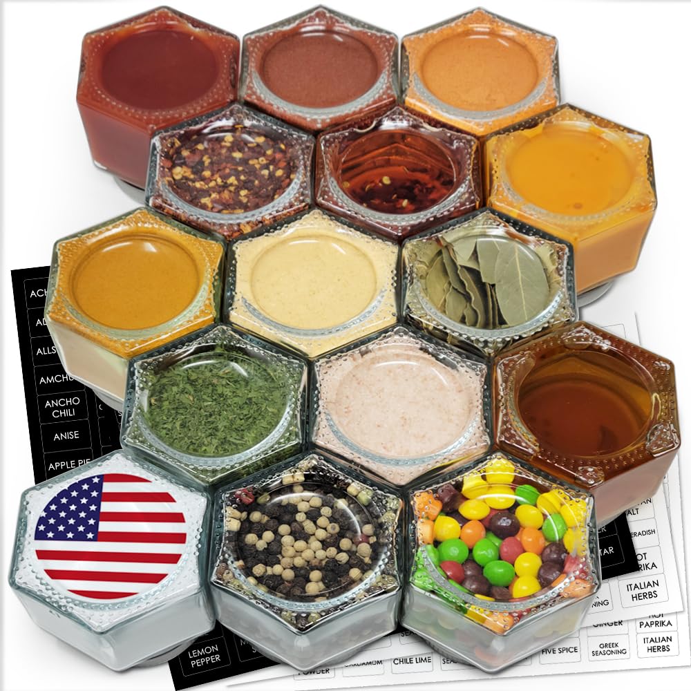 Photo 1 of 15 Pack Magnetic Spice Jars Large 4 oz Refrigerator Hexagon Glass Spice Jars Magnetic Lids Shaker Spice Labels Magnetic Glass Spice Containers for RV Travel Trailer Kitchen Fridge Cabinet Wall mount