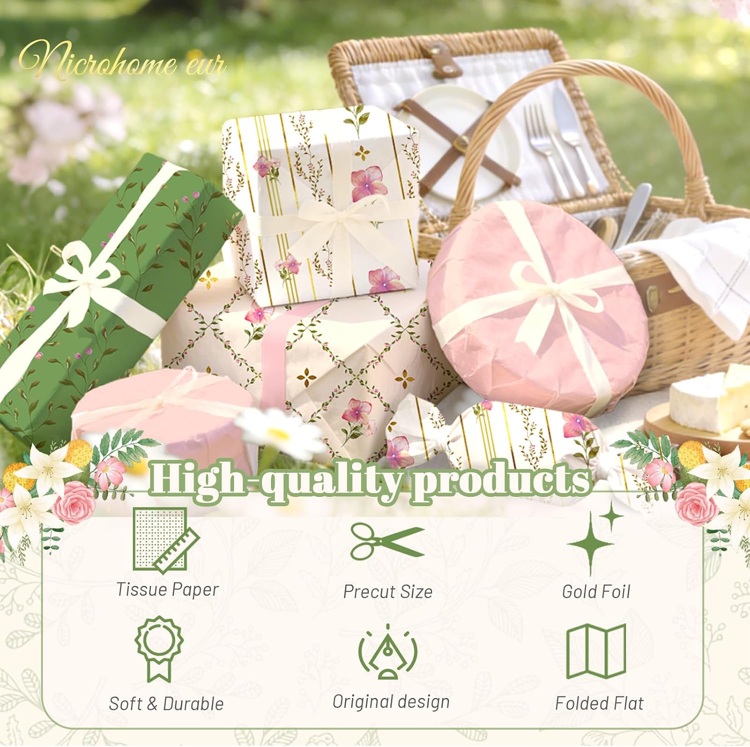 NICROHOME EUR 24 Sheets Floral Tissue Paper, Sage Green and Pink Small Tissue Wrapping Paper for Gift Bags, Birthday, Wedding, Flower Bouquet, Bridal Shower, Christmas Gift Tissue Paper 15x20Inch