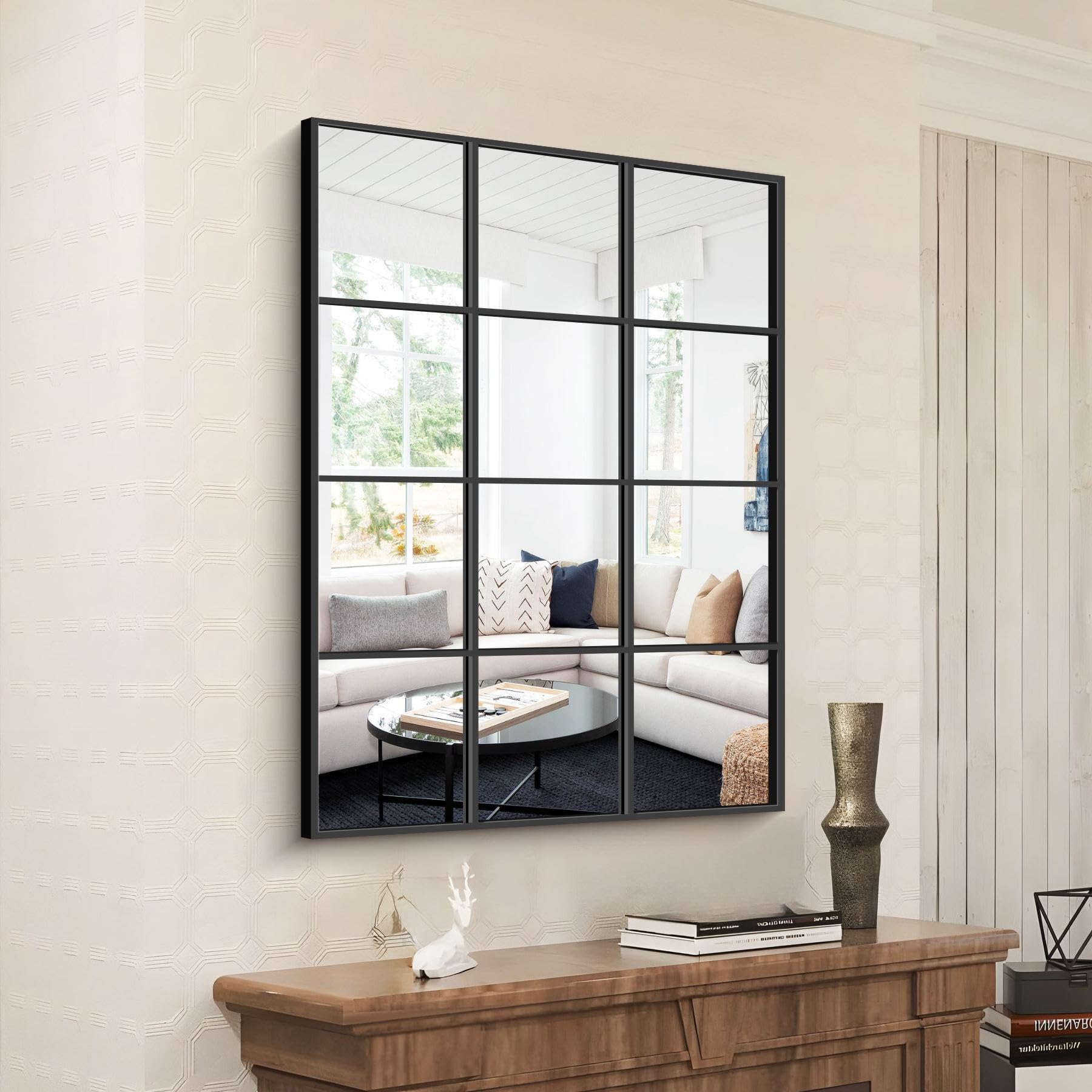 NIMURY Miroir Fenêtre Noir 66 X 96 Cm - Miroir Mural Décoratif Grille Métal Pour Intérieur