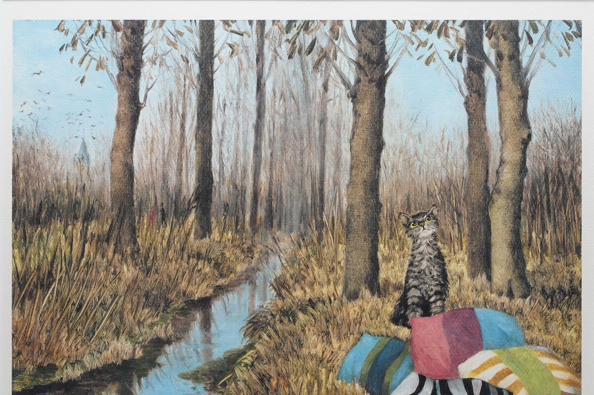 井上覚造、ネコのいる風景、超希少額装用画版、新品額装付